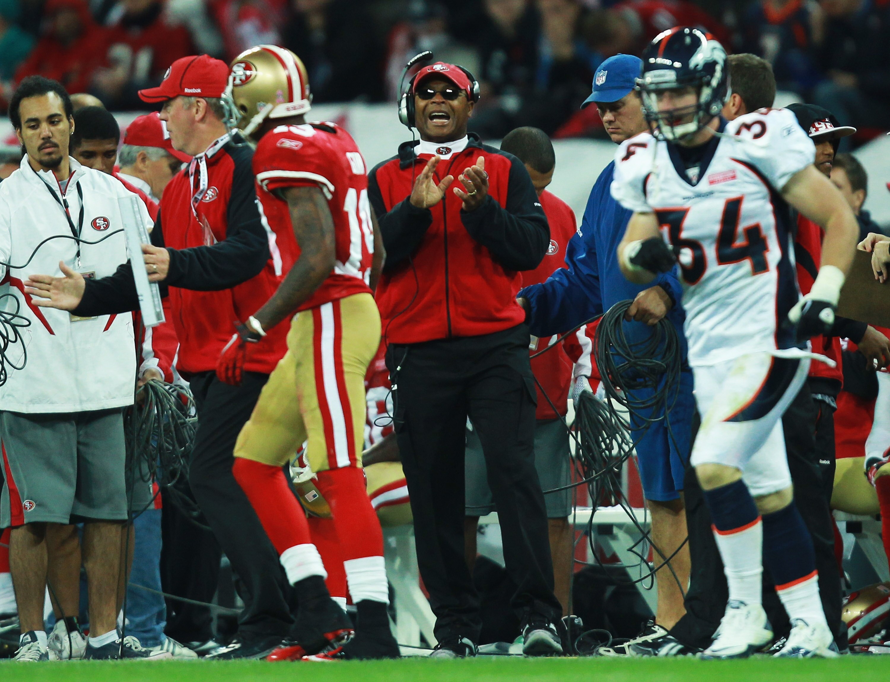 LONDON, ENGLAND - OCTOBER 31:  Mike Singletary head coach of San Francisco 49ers gives instructions during the NFL International Series match between Denver Broncos and San Francisco 49ers at Wembley Stadium on October 31, 2010 in London, England. This is