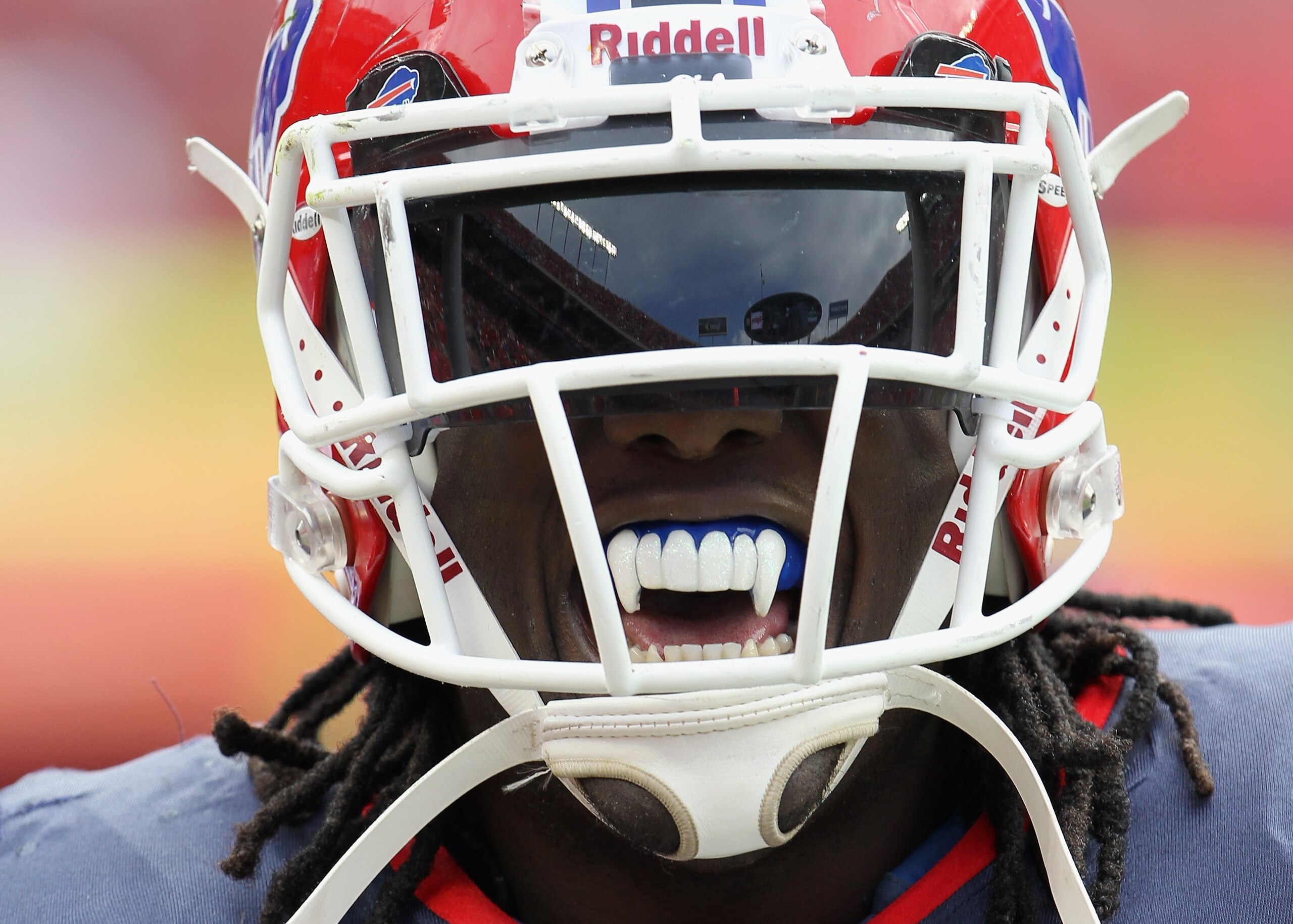 KANSAS CITY, MO - OCTOBER 31:  Running back Corey McIntyre #38 of the Buffalo Bills wears a mouthguard in the shape of vampire fangs during the game against  the Kansas City Chiefs on October 31, 2010  at Arrowhead Stadium in Kansas City, Missouri.  (Phot