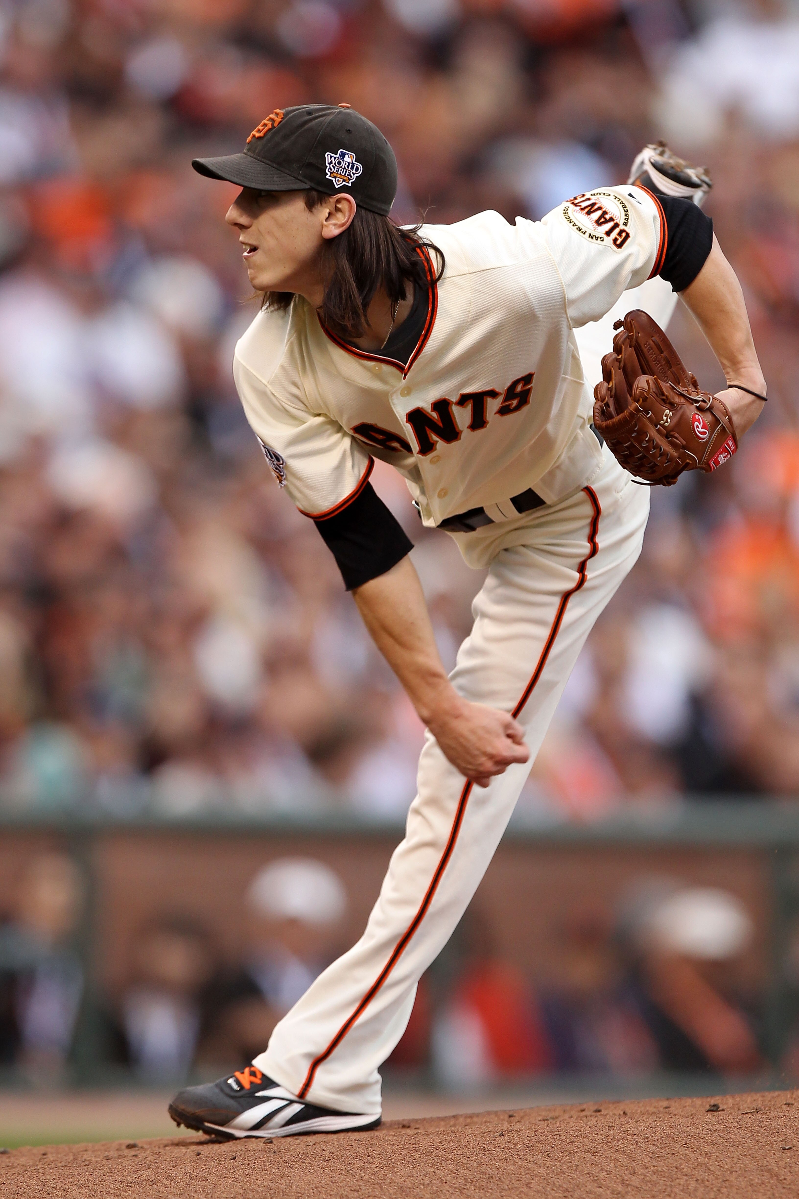 SAN FRANCISCO - OCTOBER 27:  Tim Lincecum #55 of the San Francisco Giants pitches against the Texas Rangers in Game One of the 2010 MLB World Series at AT&T Park on October 27, 2010 in San Francisco, California.  (Photo by Jed Jacobsohn/Getty Images)