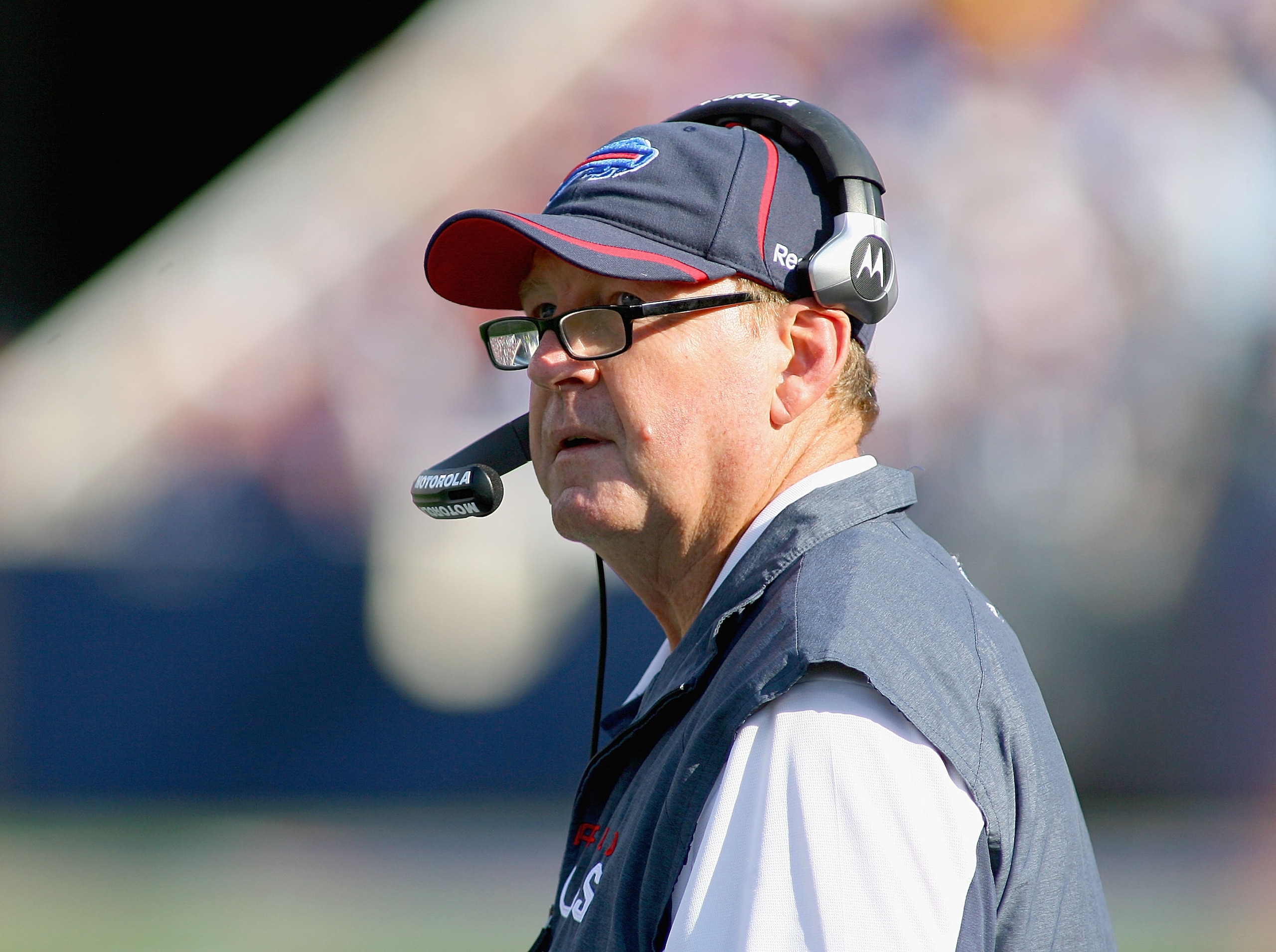 ORCHARD PARK, NY - OCTOBER 10: Chan Gailey, head coach of the Buffalo Bills stands on the sidelines against the Jacksonville Jaguars at Ralph Wilson Stadium on October 10, 2010 in Orchard Park, New York. Jacksonville won 36-26. (Photo by Rick Stewart/Gett