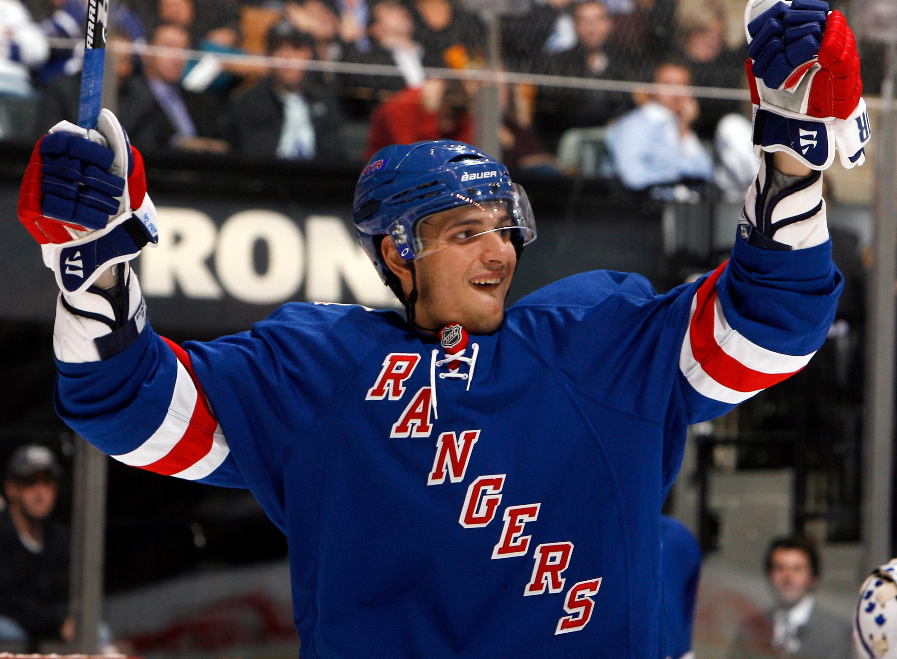 TORONTO - OCTOBER 21: Artem Anisimov #42 of the New York Rangers celebrates his goal during game action against Toronto Maple Leafs at the Air Canada Centre October 21, 2010 in Toronto, Ontario, Canada. (Photo by Abelimages/Getty Images)