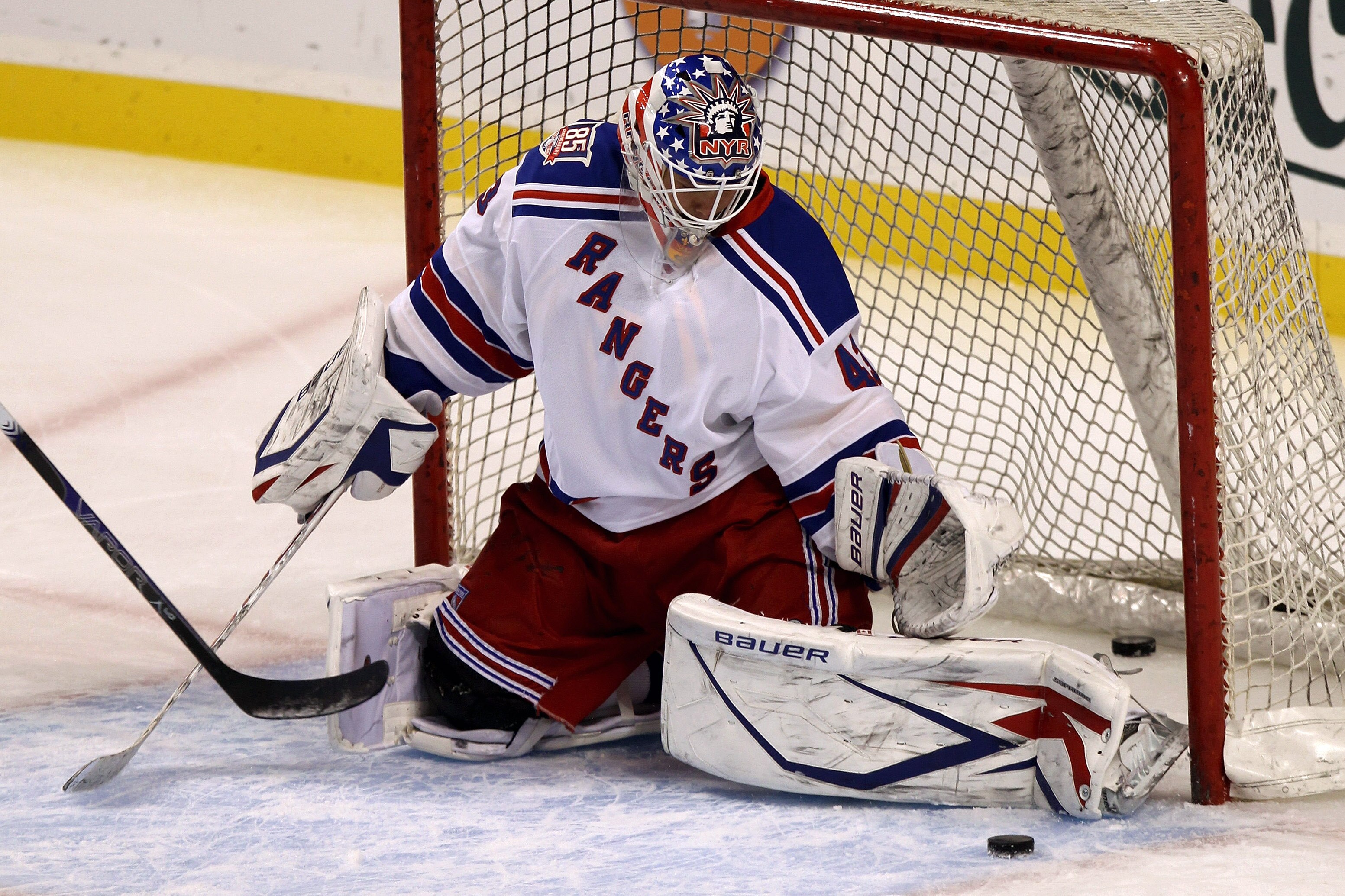 BOSTON - OCTOBER 23:  Martin Biron #43 of the New York Rangers skates during warmups before the game against the Boston Bruins at the TD Garden on October 23, 2010 in Boston, Massachusetts.  The Rangers won 3-2.  (Photo by Bruce Bennett/Getty Images)