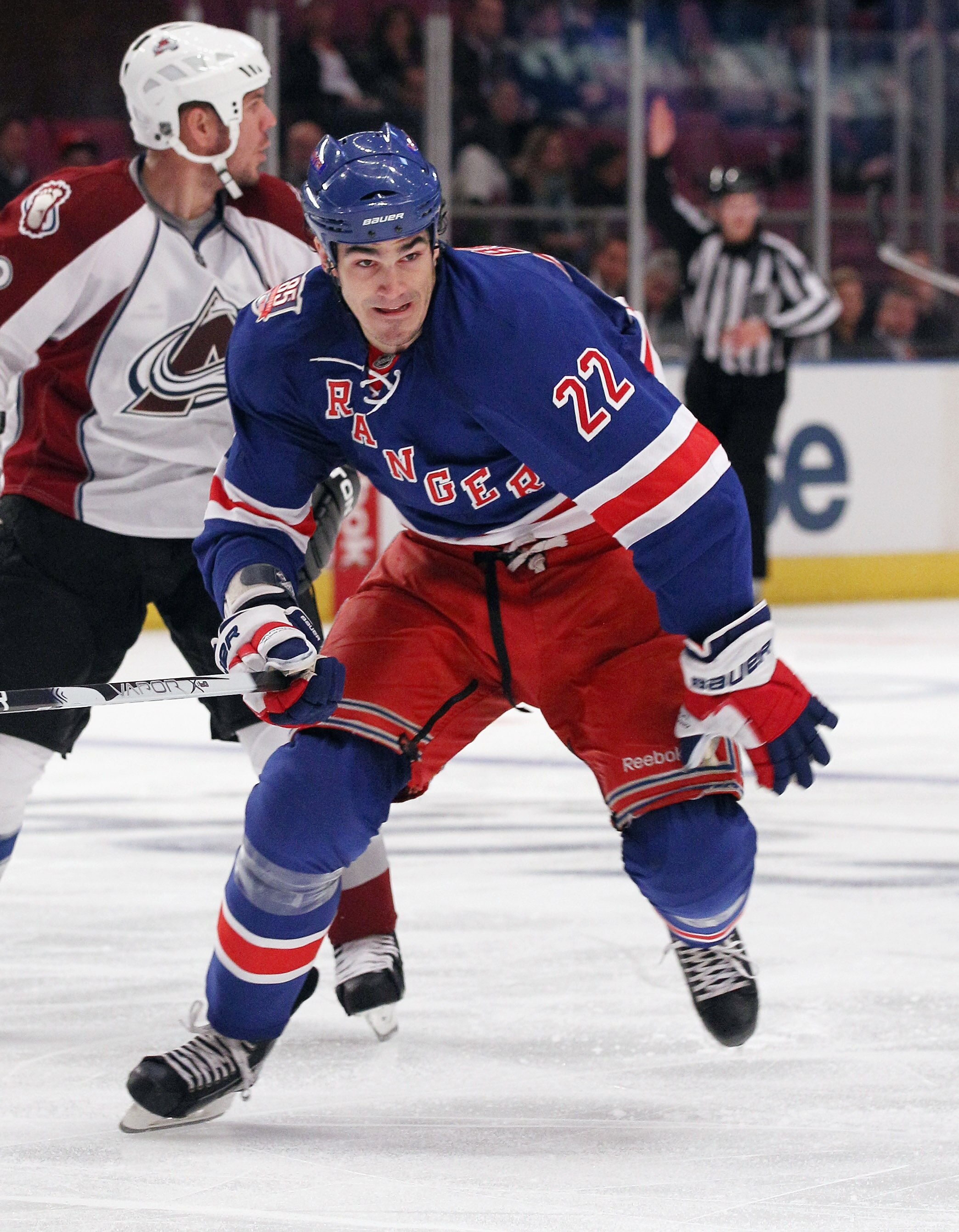 NEW YORK - OCTOBER 18:  Brian Boyle #22 of the New York Rangers skates against the Colorado Avalanche at Madison Square Garden on October 18, 2010 in New York City. The Avalanche defeated the Rangers 3-1.  (Photo by Bruce Bennett/Getty Images)