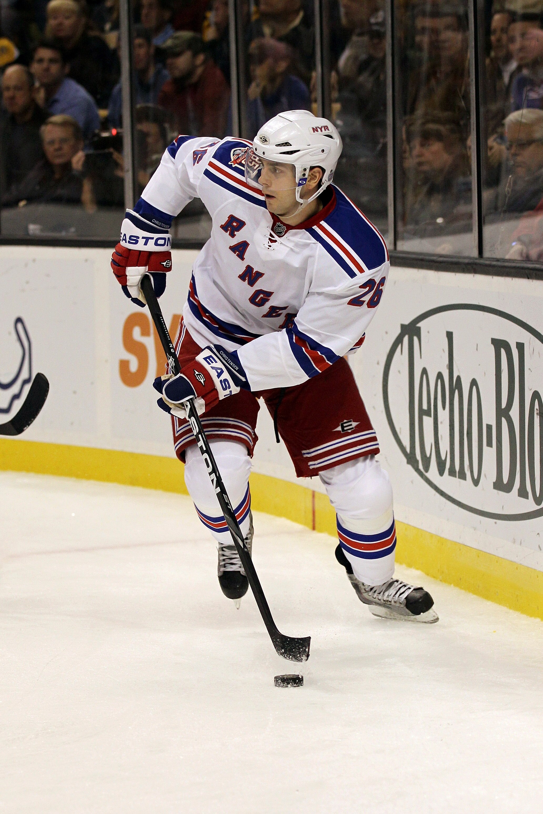 BOSTON - OCTOBER 23:  Erik Christensen #26 of the New York Rangers skates against the Boston Bruins at the TD Garden on October 23, 2010 in Boston, Massachusetts.  The Rangers won 3-2.  (Photo by Bruce Bennett/Getty Images)