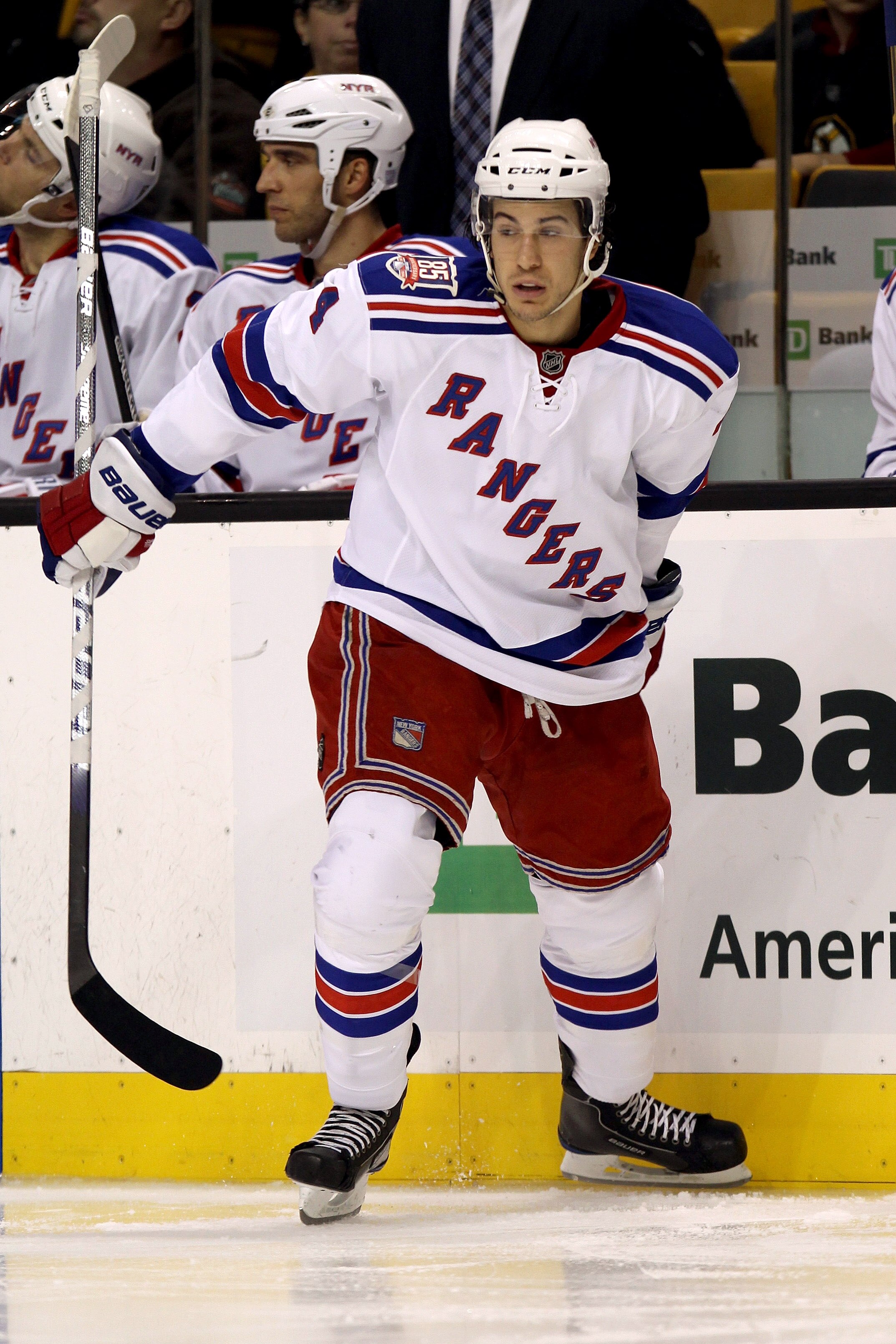 BOSTON - OCTOBER 23:  Michael Del Zotto #4 of the New York Rangers skates against the Boston Bruins at the TD Garden on October 23, 2010 in Boston, Massachusetts.  The Rangers won 3-2.  (Photo by Bruce Bennett/Getty Images)