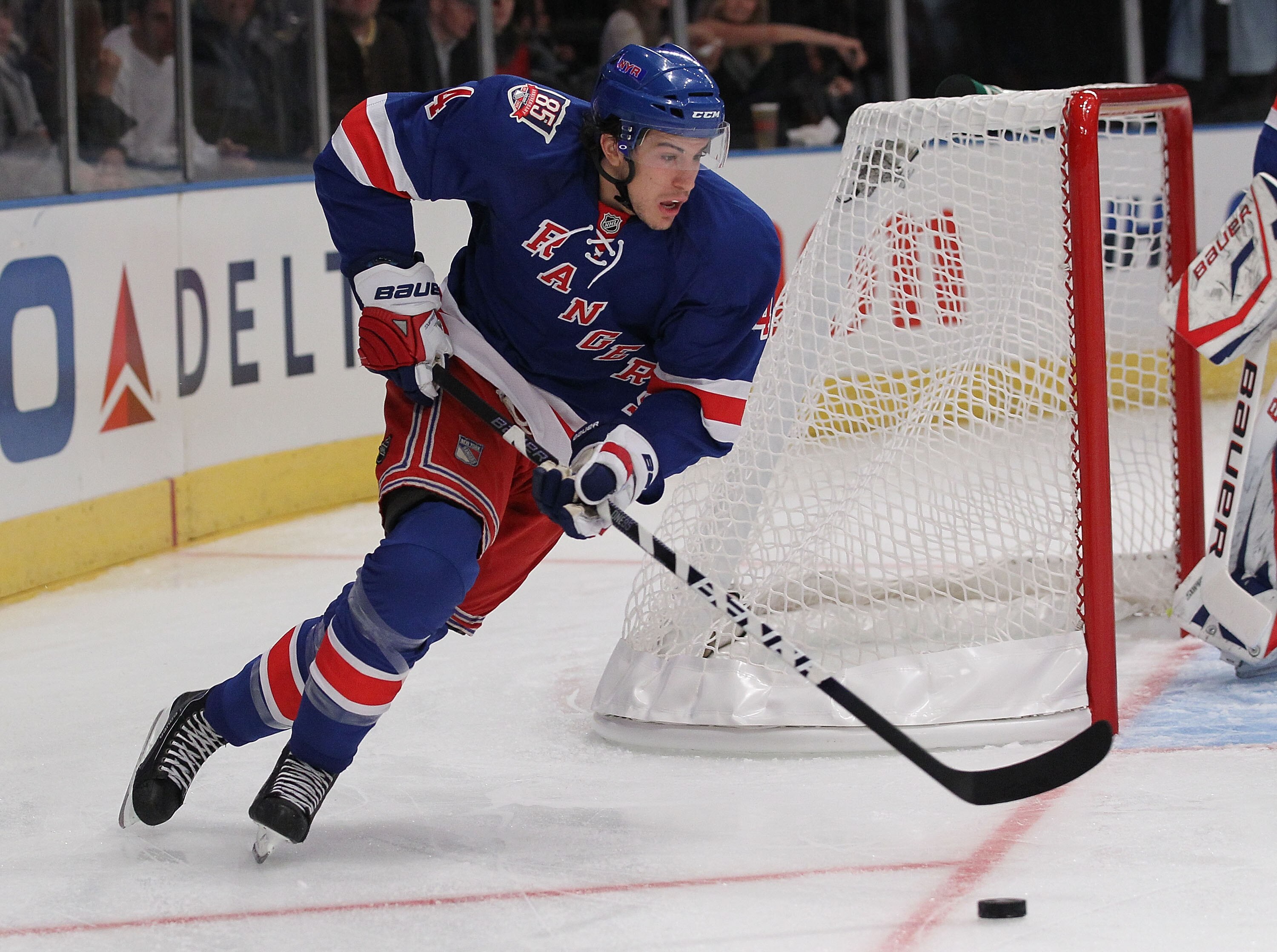 NEW YORK - OCTOBER 15: Steve Eminger #44  of the New York Rangers in action against the Toronto Maple Leafs during their game on October 15, 2010 at Madison Square Garden in New York City, New York.  (Photo by Al Bello/Getty Images)