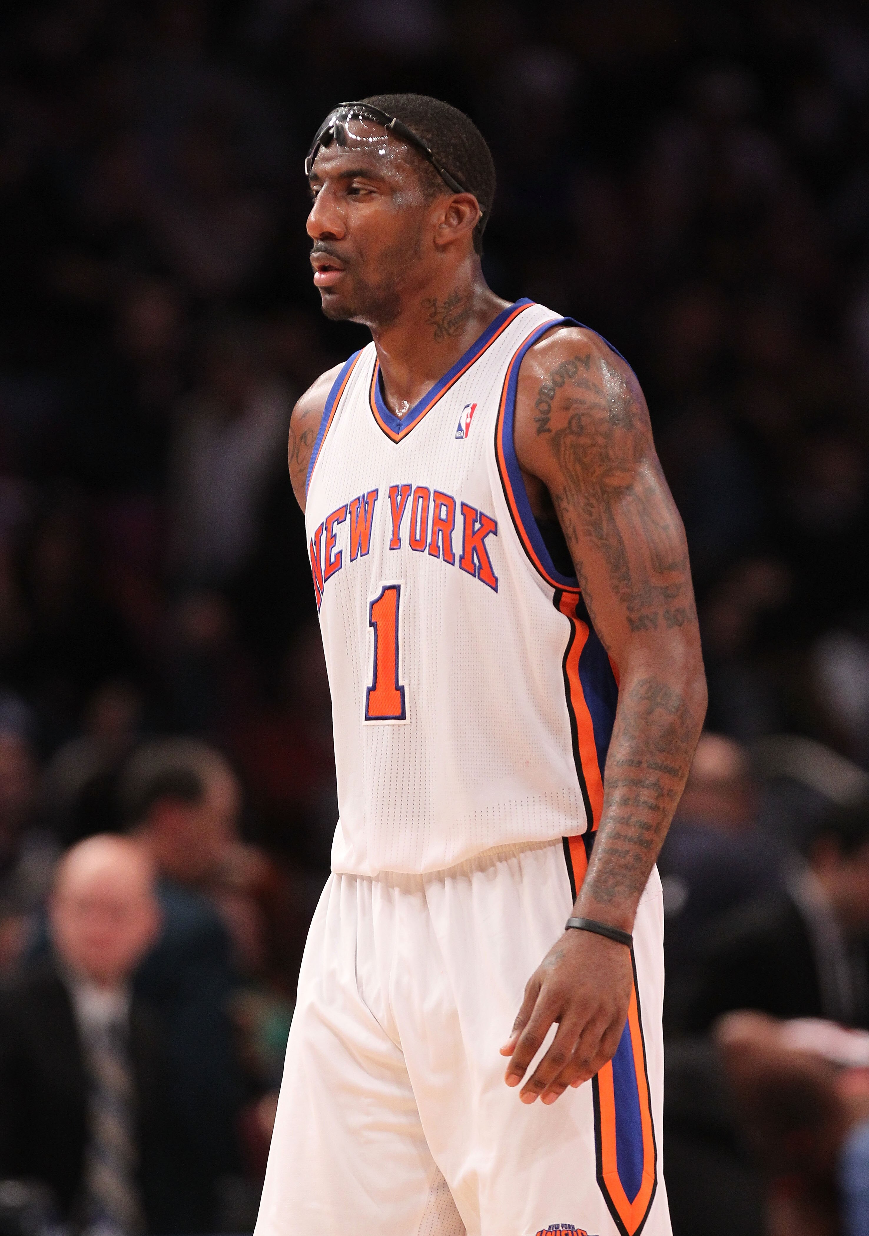 NEW YORK - OCTOBER 30:  Amar'e Stoudemire #1 of the New York Knicks walks down the court against the Portland Trail Blazers at Madison Square Garden on October 30, 2010 in New York City. NOTE TO USER: User expressly acknowledges and agrees that, by downlo