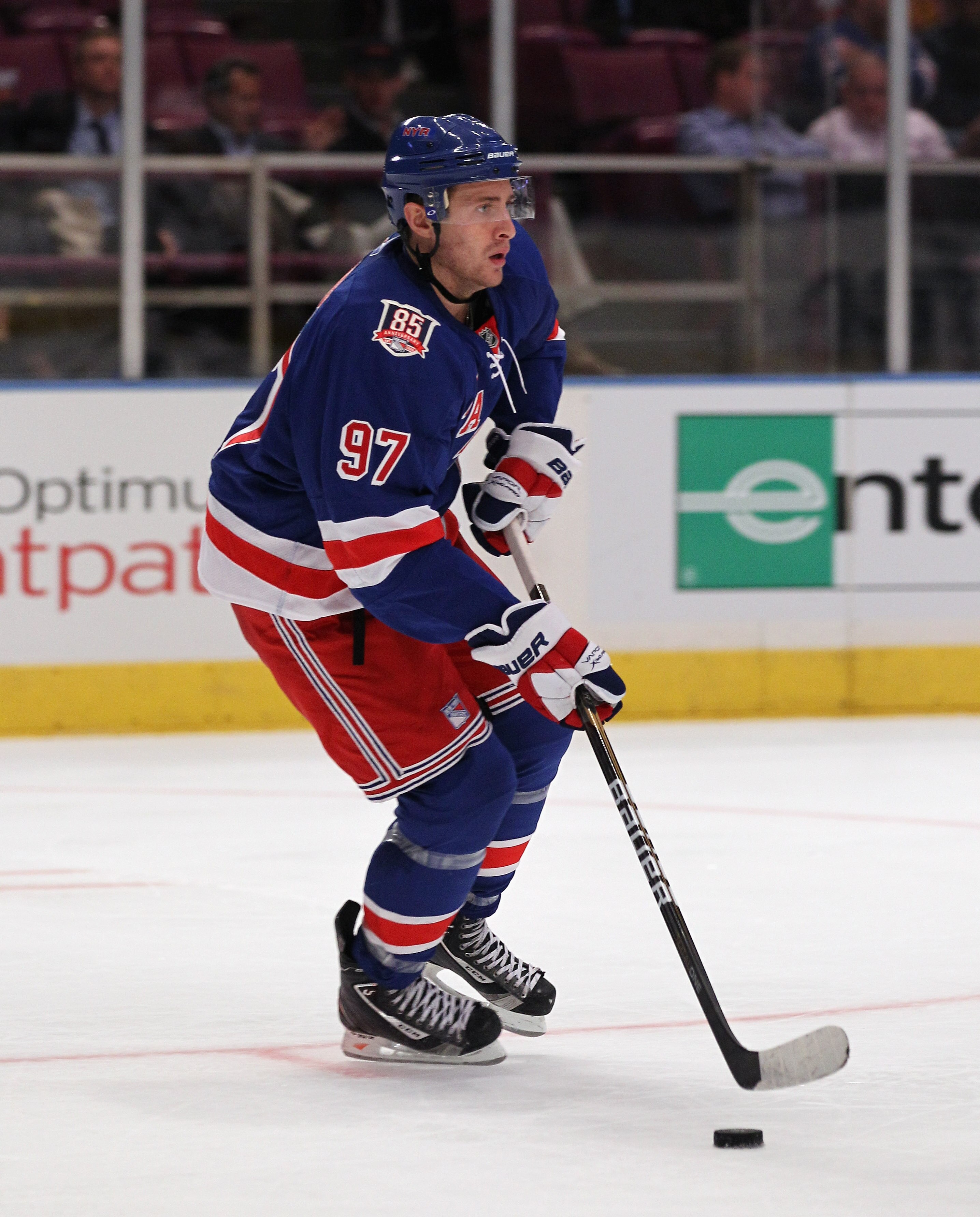 NEW YORK - OCTOBER 18:  Matt Gilroy #97 of the New York Rangers skates against the Colorado Avalanche at Madison Square Garden on October 18, 2010 in New York City. The Avalanche defeated the Rangers 3-1.  (Photo by Bruce Bennett/Getty Images)