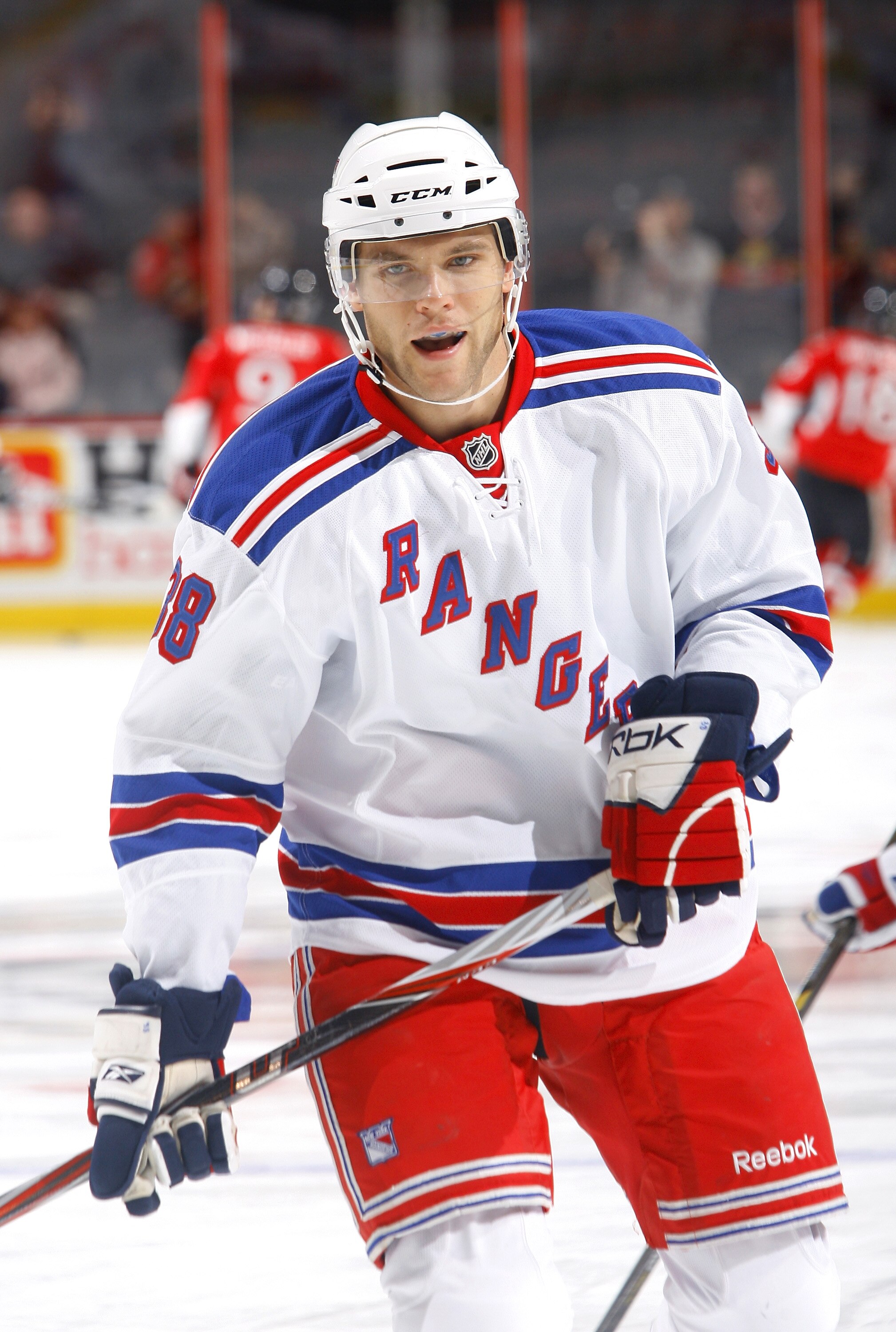 KANATA, ON - OCTOBER 02:  Mike Sauer #38 of the New York Rangers skates in warmup before a game against the Ottawa Senators at Scotiabank Place on October 2, 2010 in Kanata, Ontario, Canada.  The Ottawa Senators defeated the New York Rangers 8-5.  (Photo