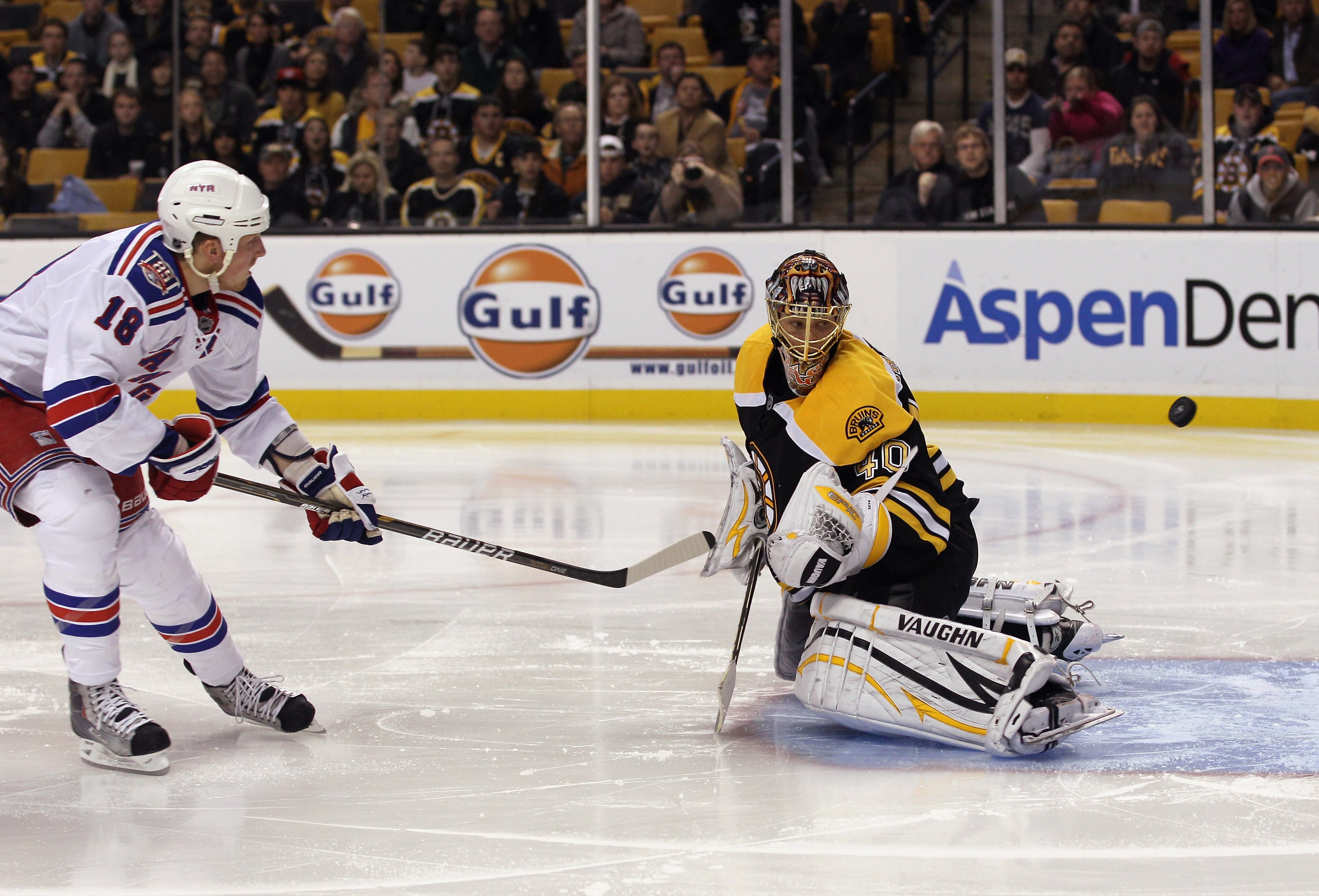 BOSTON - OCTOBER 23: Marc Staal #18 of the New York Rangers scores a  breakaway goal at 48 seconds of the second period against Tuukka Rask #40 of the Boston Bruins at the TD Garden on October 23, 2010 in Boston, Massachusetts.  (Photo by Bruce Bennett/Ge