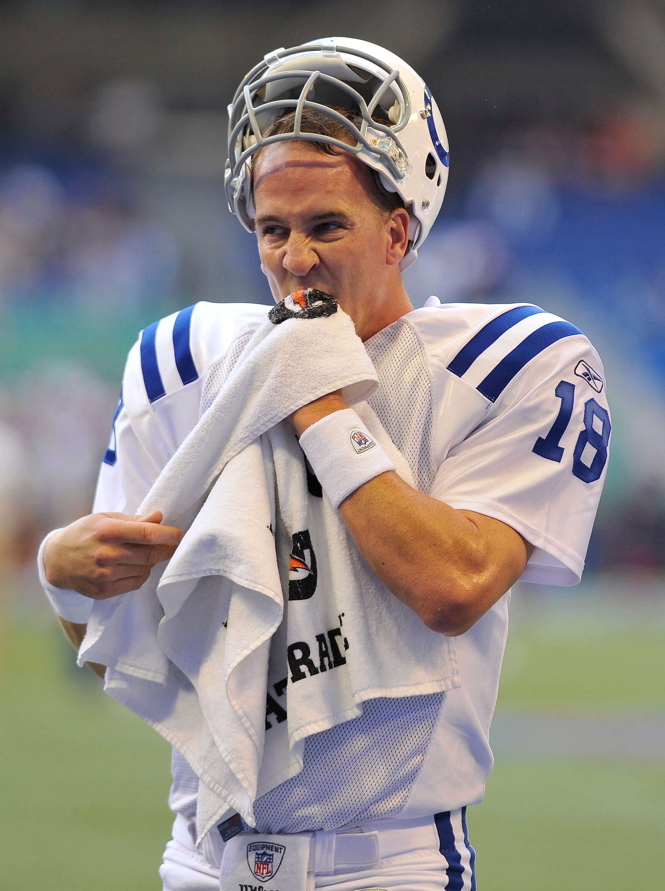 TORONTO, CANADA - AUGUST 19: Peyton Manning #18 of the Indianapolis Colts wipes his face with a towel prior to game action against the Buffalo Bills on August 19, 2010 at the Rogers Centre in Toronto, Ontario, Canada. (Photo by Brad White/Getty Images) TORONTO, CANADA - AUGUST 19: Peyton Manning #18 of the Indianapolis Colts wipes his face with a towel prior to game action against the Buffalo Bills on August 19, 2010 at the Rogers Centre in Toronto, Ontario, Canada. (Photo by Brad White/Getty Images)