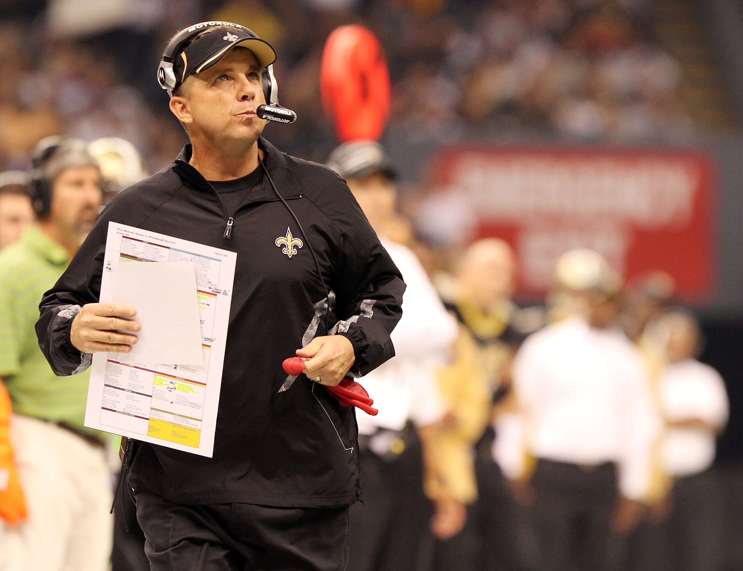 NEW ORLEANS - OCTOBER 31: Head coach Sean Payton of the New Orleans Saints prepares to challenge a call during the game against the Pittsburgh Steelers at the Louisiana Superdome on October 31, 2010 in New Orleans, Louisiana. (Photo by Matthew Sharpe/Gett NEW ORLEANS - OCTOBER 31: Head coach Sean Payton of the New Orleans Saints prepares to challenge a call during the game against the Pittsburgh Steelers at the Louisiana Superdome on October 31, 2010 in New Orleans, Louisiana. (Photo by Matthew Sharpe/Gett