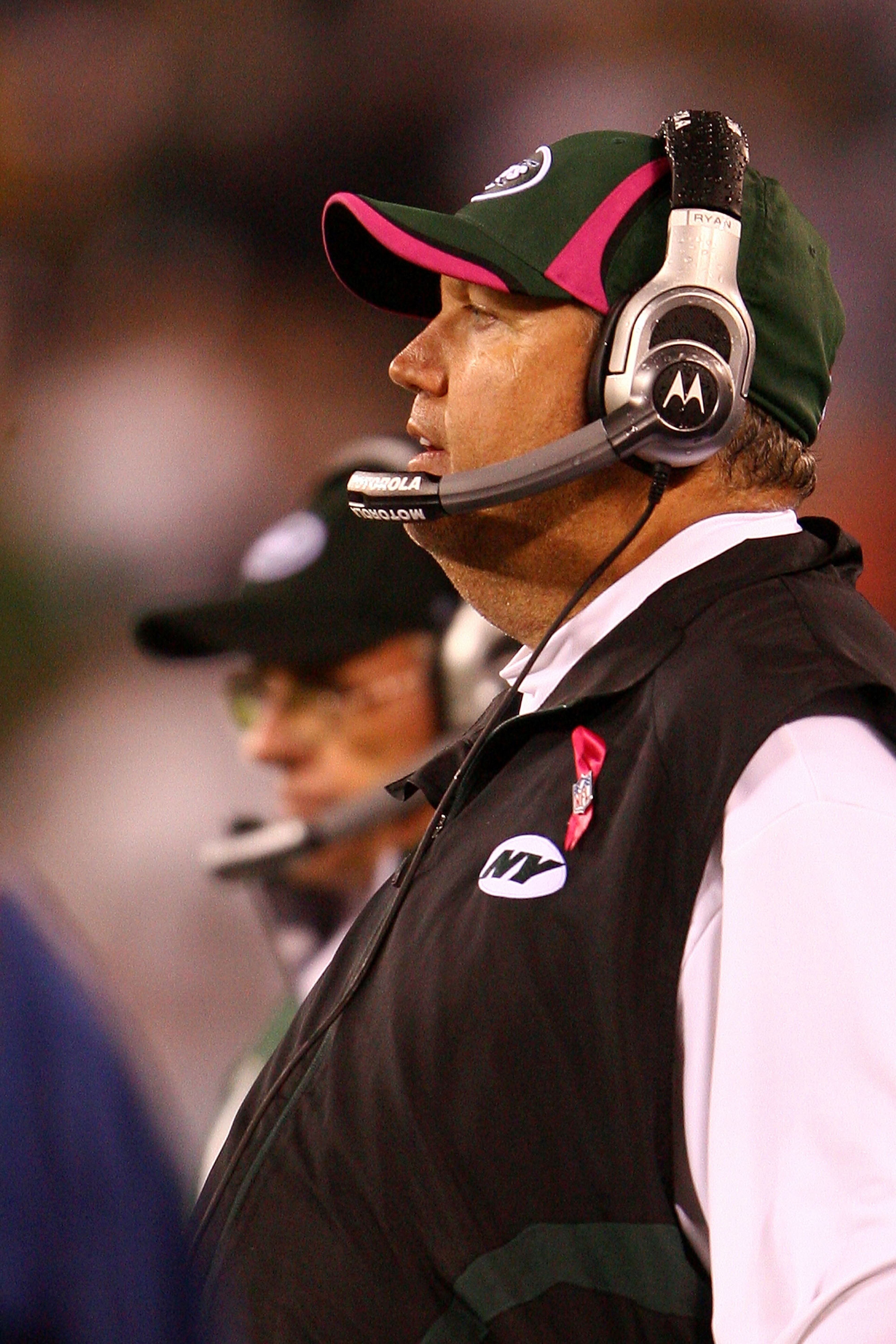 EAST RUTHERFORD, NJ - OCTOBER 11:  Head coach Rex Ryan of the New York Jets coaches against the Minnesota Vikings at New Meadowlands Stadium on October 11, 2010 in East Rutherford, New Jersey.  (Photo by Andrew Burton/Getty Images)