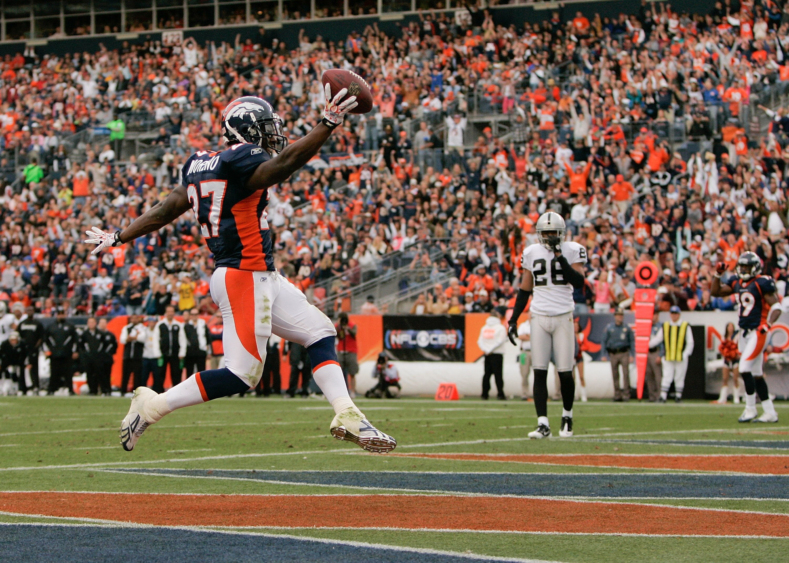 DENVER - OCTOBER 24:  Running back Knowshon Moreno #27 of the Denver Broncos celebrates his touchdown run in the second quarter against the Oakland Raiders at INVESCO Field at Mile High on October 24, 2010 in Denver, Colorado. (Photo by Justin Edmonds/Get
