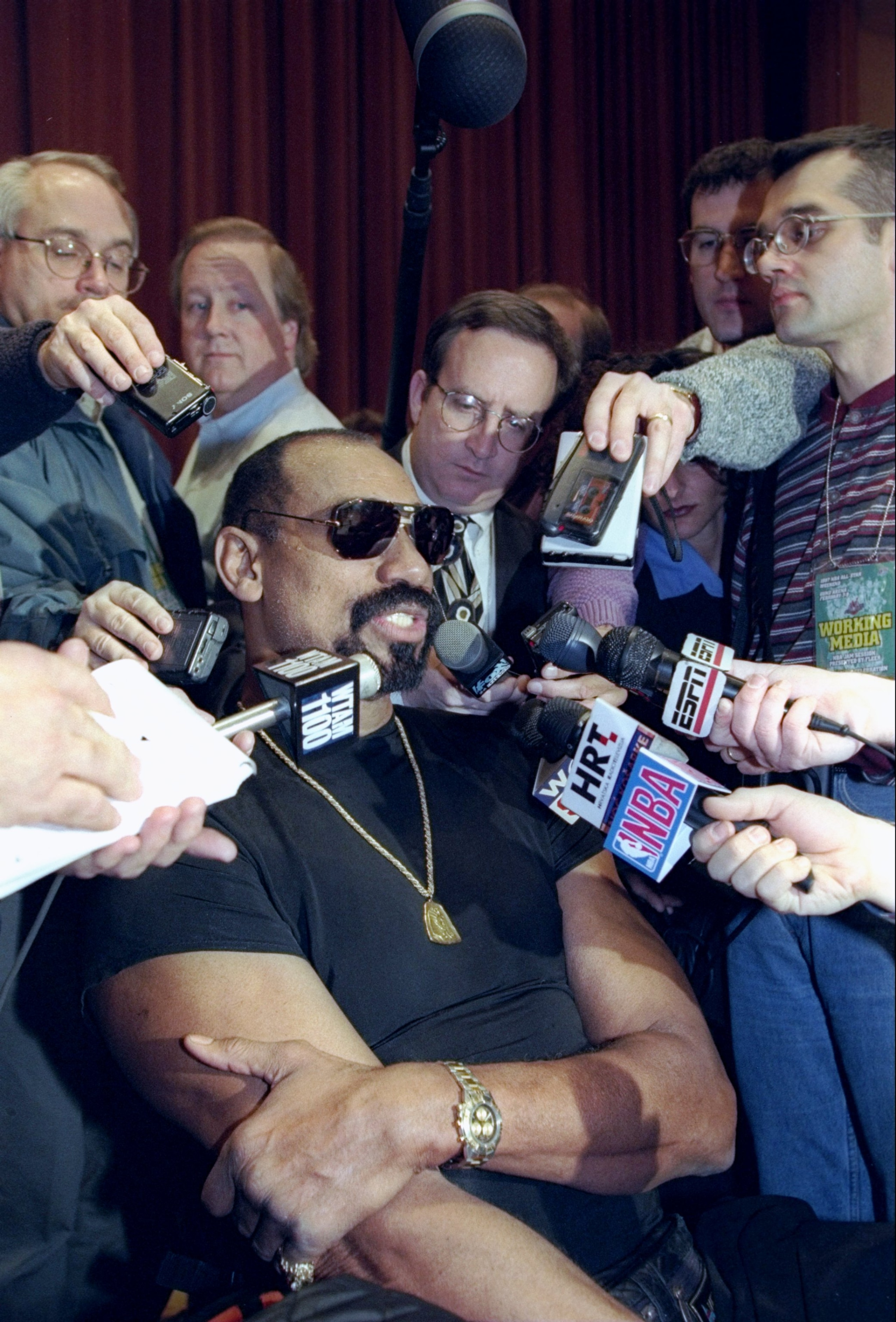7 Feb 1997: Wilt Chamberlain gets interviewed during Media Day for the All-Star Game at the Renaissance Hotel in Cleveland, Ohio. 7 Feb 1997: Wilt Chamberlain gets interviewed during Media Day for the All-Star Game at the Renaissance Hotel in Cleveland, Ohio.