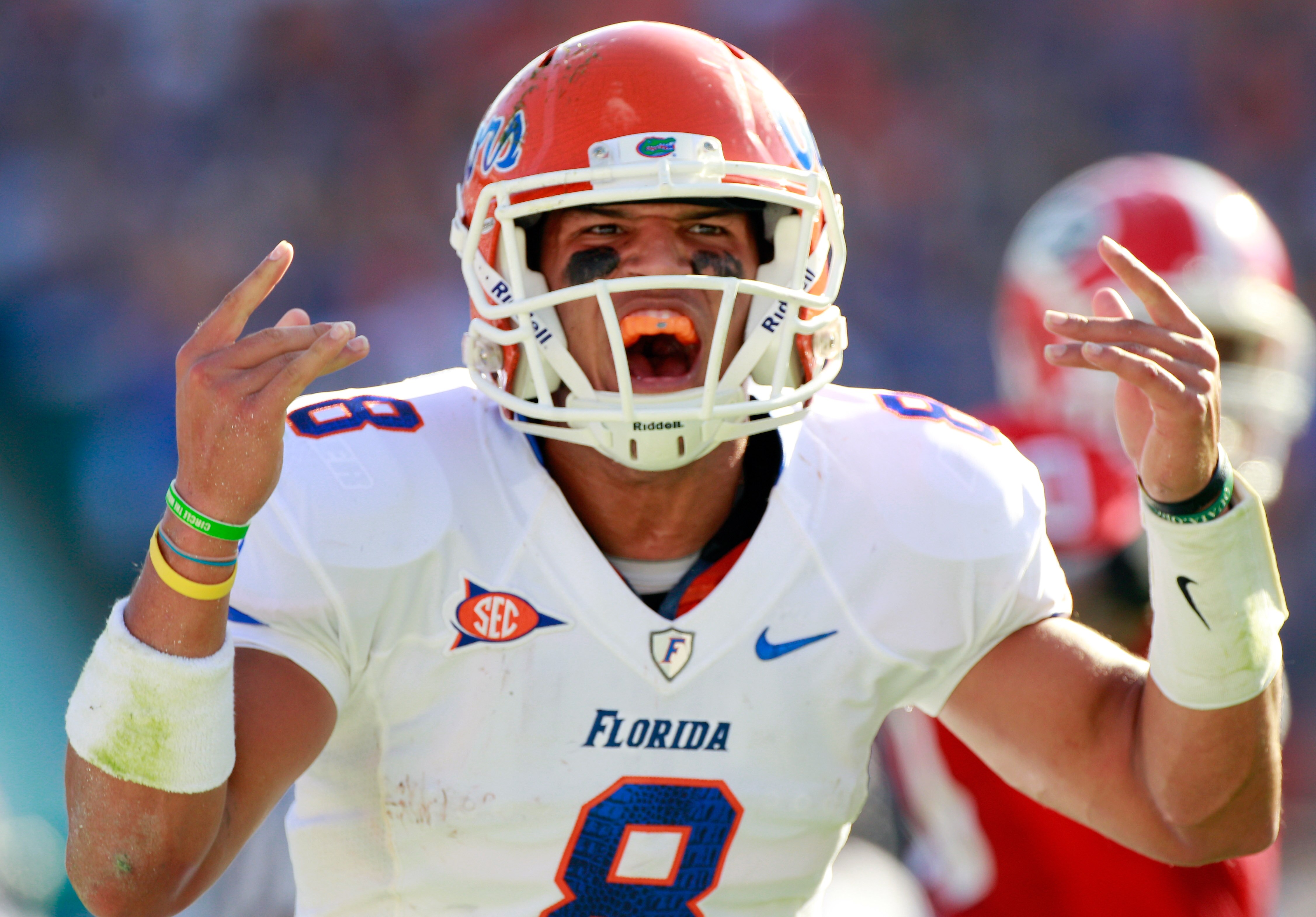 JACKSONVILLE, FL - OCTOBER 30:  Trey Burton #8 of the Florida Gators celebrates following a touchdown during the game against the Georgia Bulldogs at EverBank Field on October 30, 2010 in Jacksonville, Florida.  (Photo by Sam Greenwood/Getty Images)