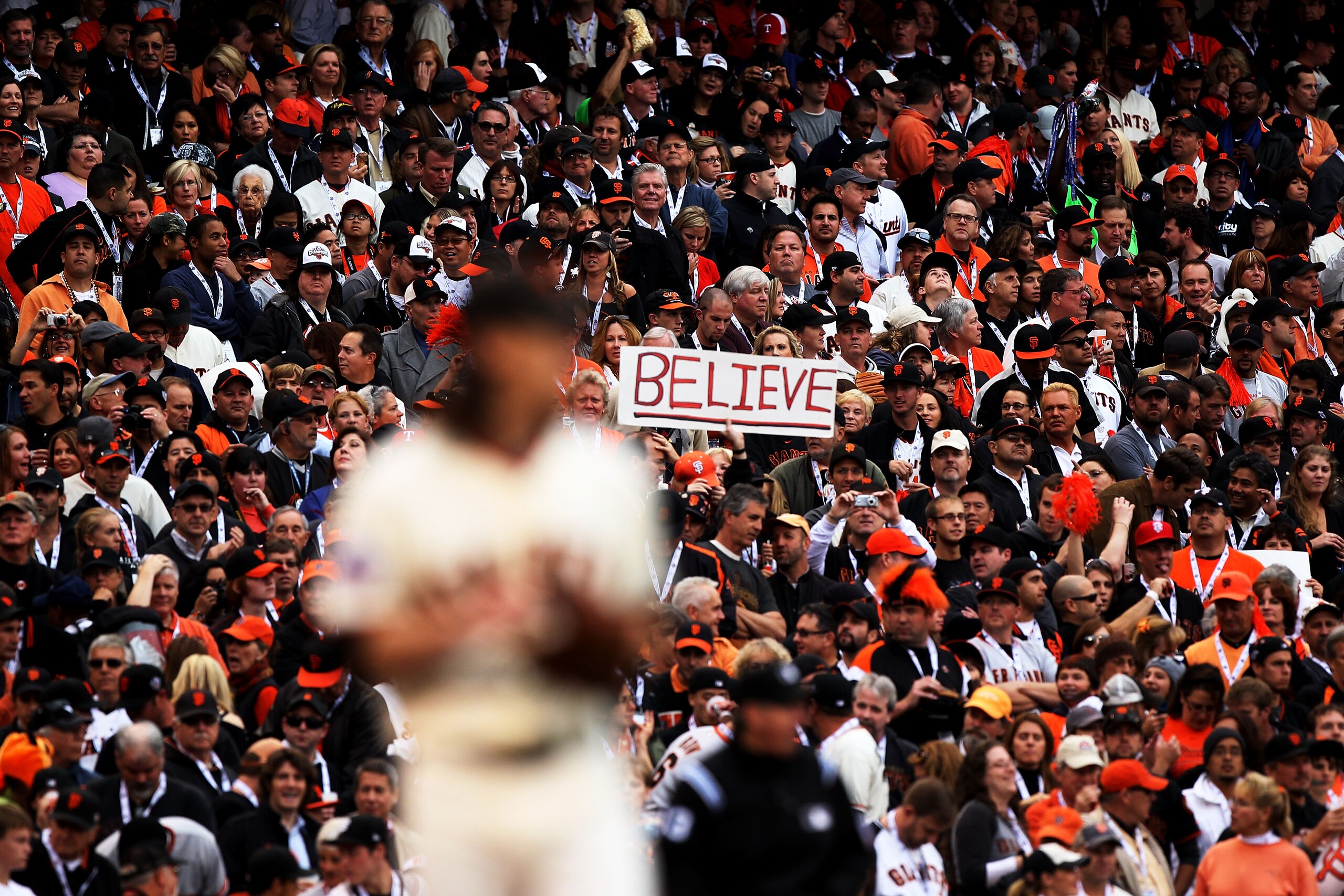 SAN FRANCISCO - OCTOBER 27:  Fans cheer as Tim Lincecum #55 of the San Francisco Giants pitches against the Texas Rangers in Game One of the 2010 MLB World Series at AT&T Park on October 27, 2010 in San Francisco, California.  (Photo by Jed Jacobsohn/Gett