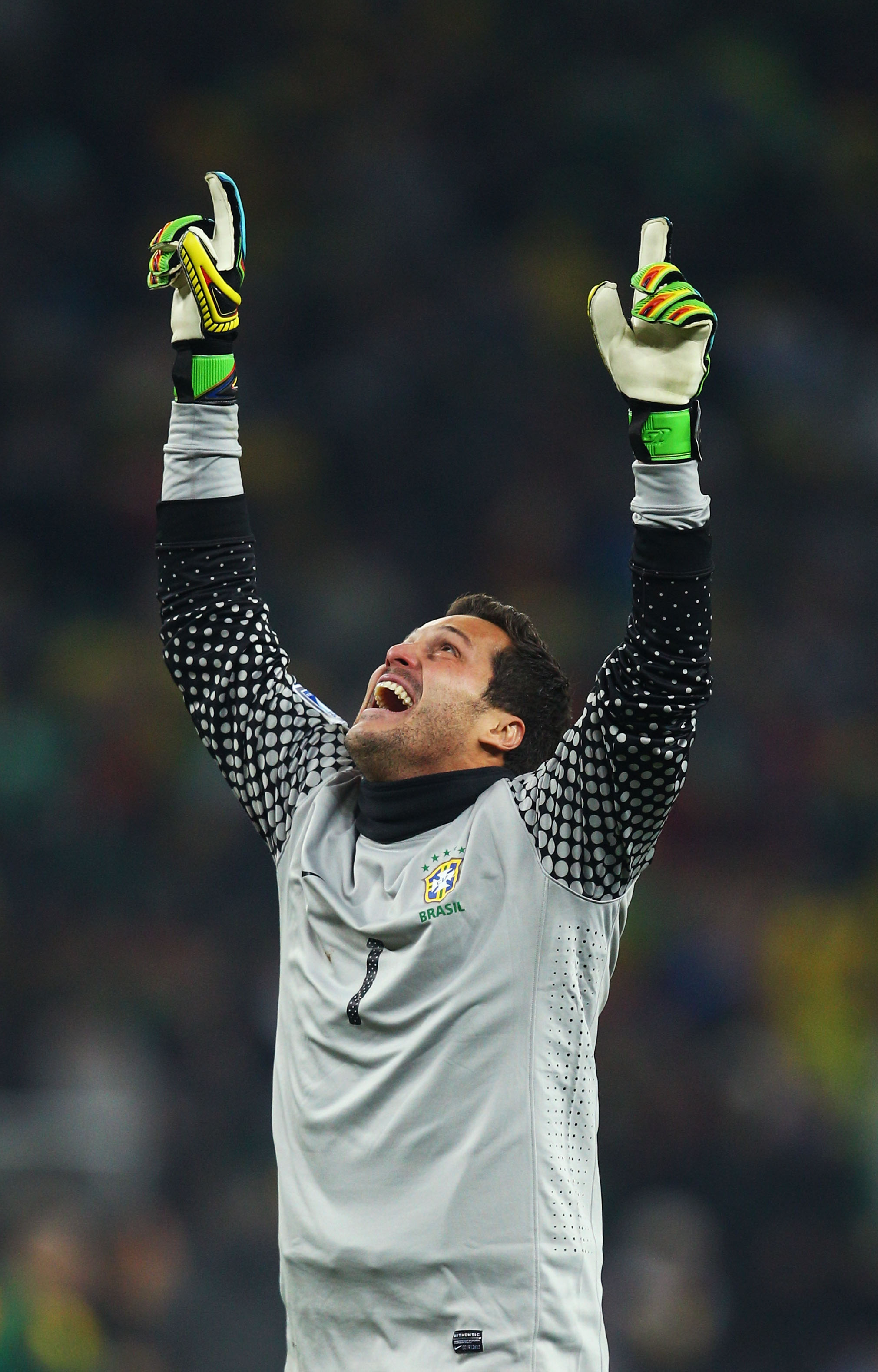 JOHANNESBURG, SOUTH AFRICA - JUNE 20:  Julio Cesar of Brazil celebrates victory in the 2010 FIFA World Cup South Africa Group G match between Brazil and Ivory Coast at Soccer City Stadium on June 20, 2010 in Johannesburg, South Africa.  (Photo by Richard 
