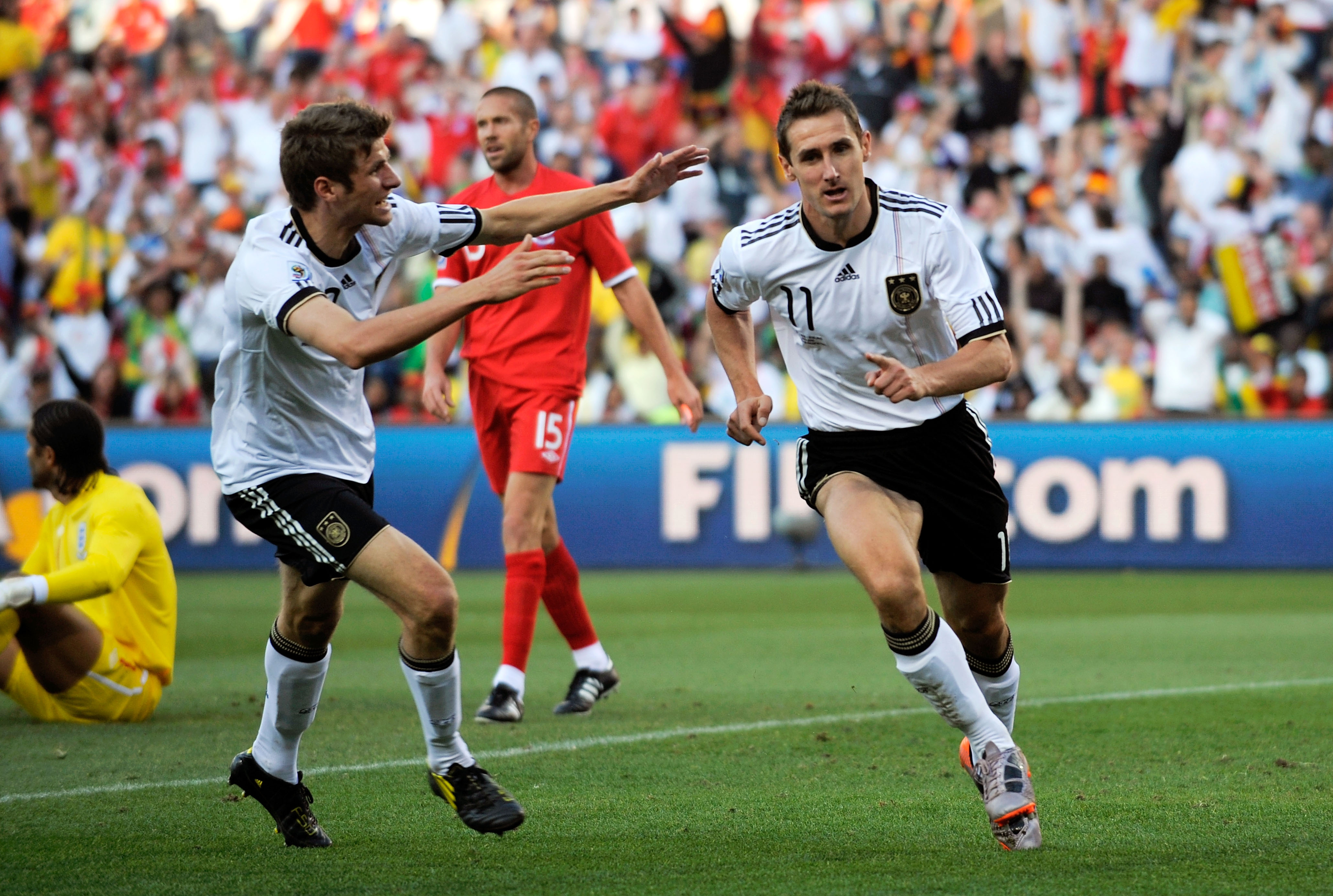 BLOEMFONTEIN, SOUTH AFRICA - JUNE 27:  Miroslav Klose of Germany celebrates scoring the opening goal during the 2010 FIFA World Cup South Africa Round of Sixteen match between Germany and England at Free State Stadium on June 27, 2010 in Bloemfontein, Sou