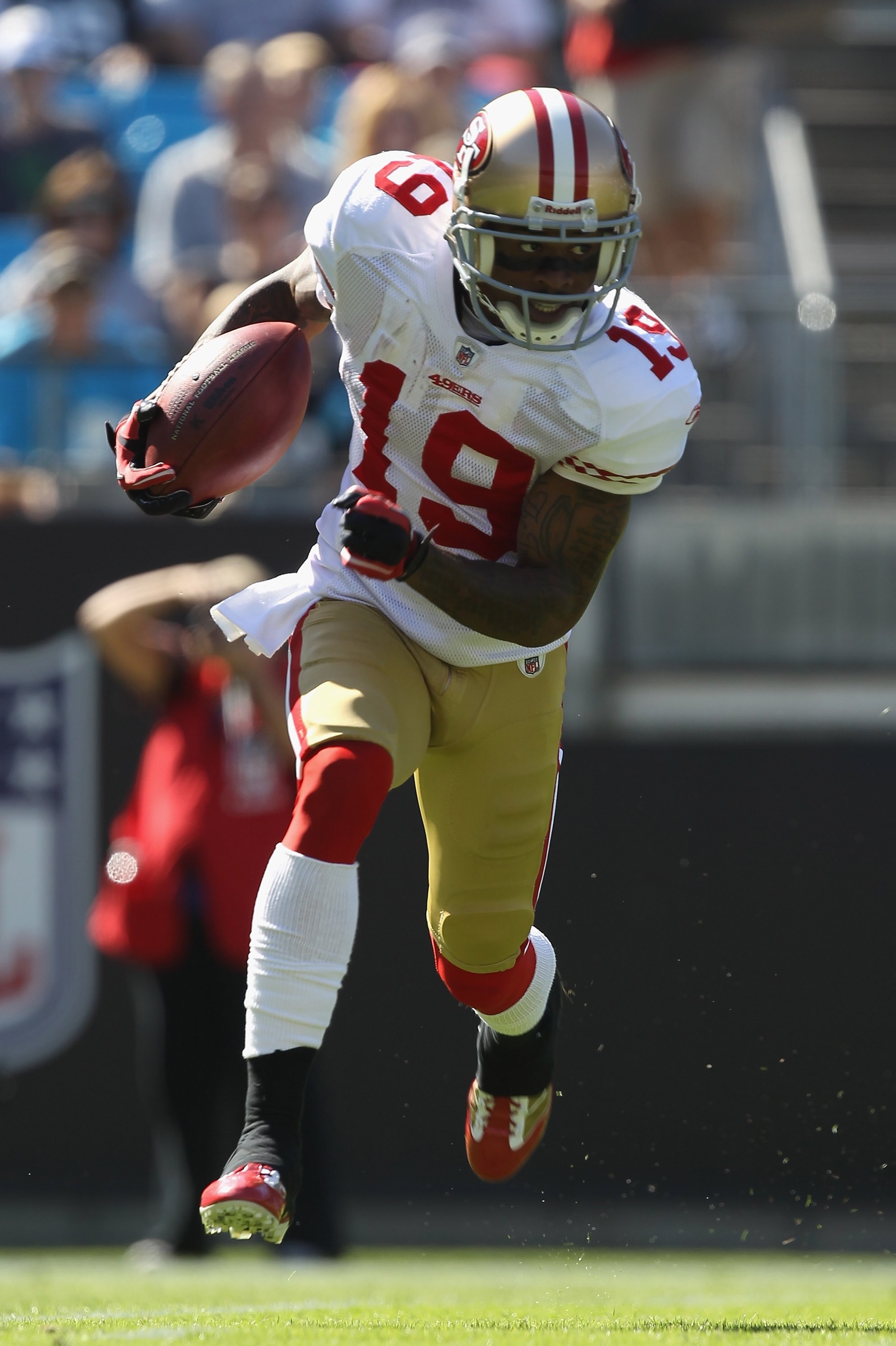 CHARLOTTE, NC - OCTOBER 24:  Ted Ginn #19 of the San Francisco 49ers against the Carolina Panthers during their game at Bank of America Stadium on October 24, 2010 in Charlotte, North Carolina.  (Photo by Streeter Lecka/Getty Images)