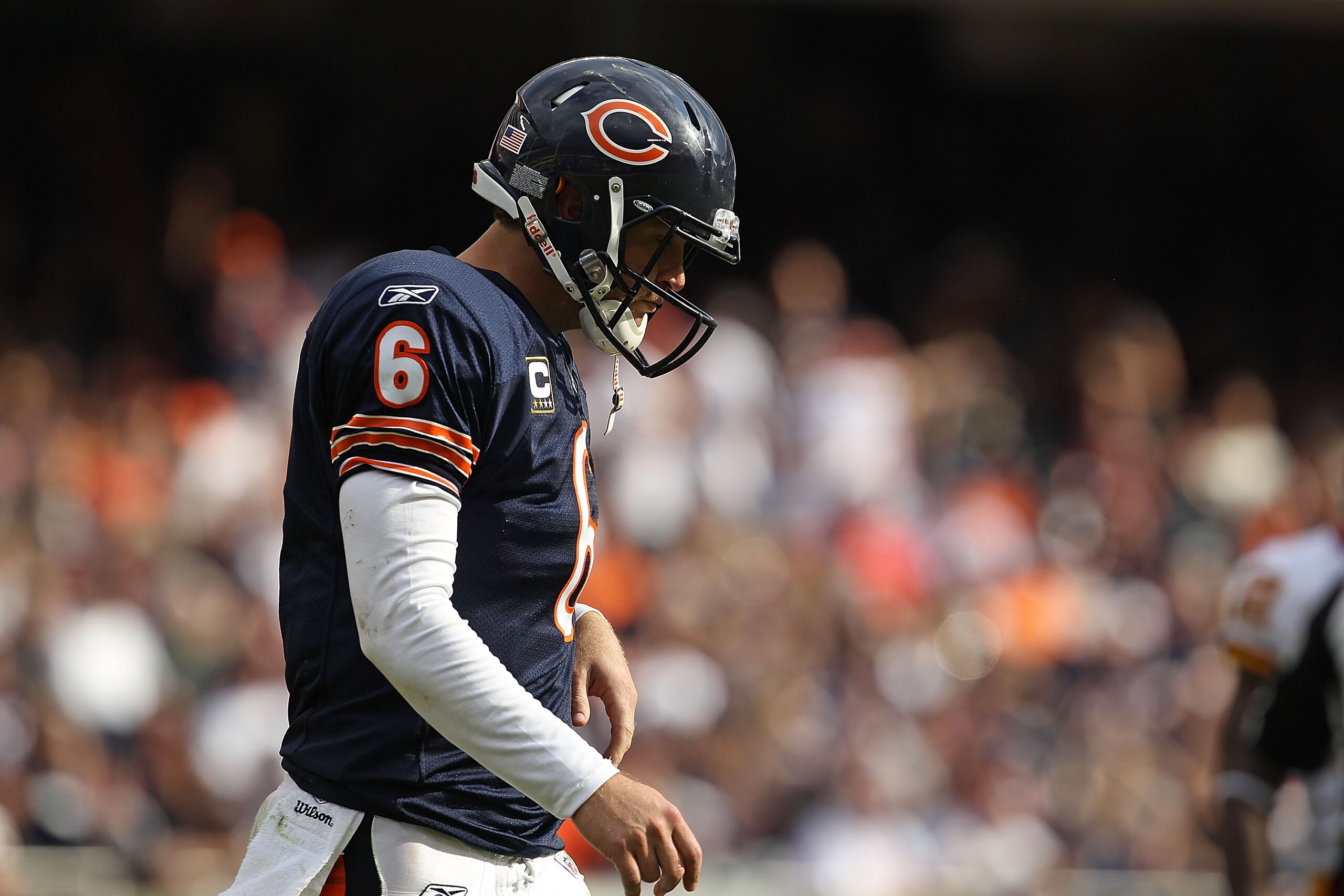 CHICAGO - OCTOBER 24: Jay Cutler #6 of the Chicago Bears walks off the field after throwing an interception against the Washington Redskins at Soldier Field on October 24, 2010 in Chicago, Illinois. The Redskins defeated the Bears 17-14. (Photo by Jonatha