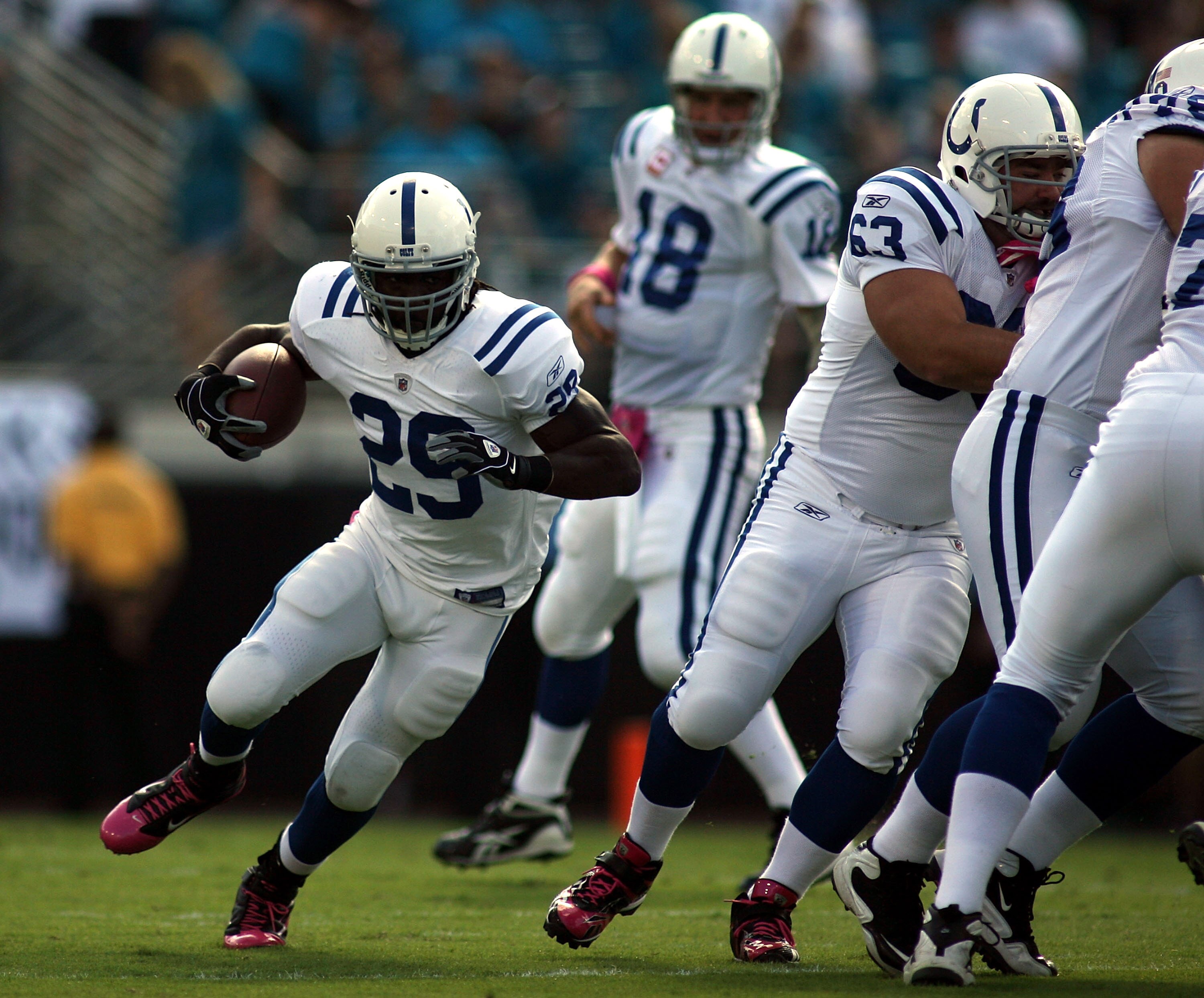 JACKSONVILLE, FL - OCTOBER 03:  Running back Joseph Addai #29 of the Indianapolis Colts runs against the Jacksonville Jaguars at EverBank Field on October 3, 2010 in Jacksonville, Florida.  (Photo by Marc Serota/Getty Images)