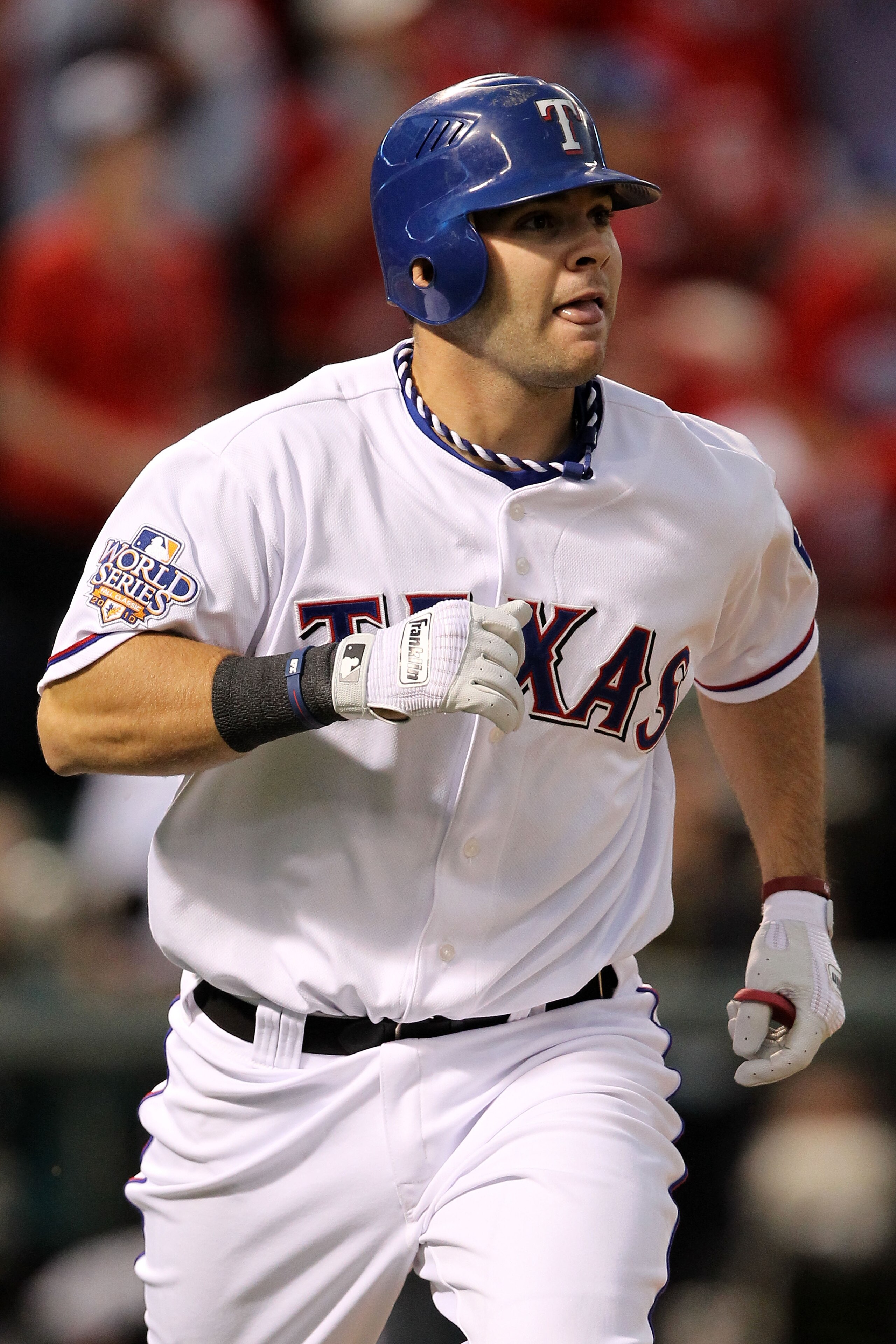 ARLINGTON, TX - OCTOBER 30:  Mitch Moreland #18 of the Texas Rangers hits a 3-run home run in the bottom of the second inning against the San Francisco Giants in Game Three of the 2010 MLB World Series at Rangers Ballpark in Arlington on October 30, 2010