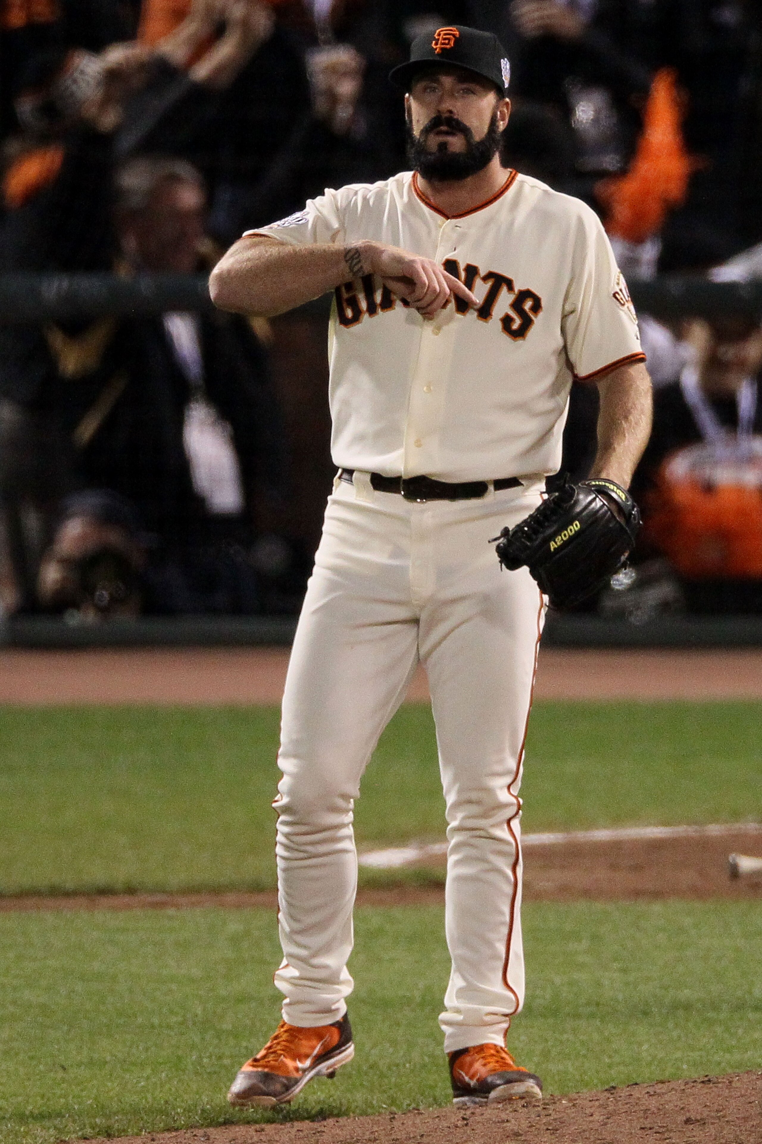 SAN FRANCISCO - OCTOBER 27:  Brian Wilson #38 of the San Francisco Giants celebrates after defeating of the Texas Rangers by a score of 11-7 in Game One of the 2010 MLB World Series at AT&T Park on October 27, 2010 in San Francisco, California.  (Photo by