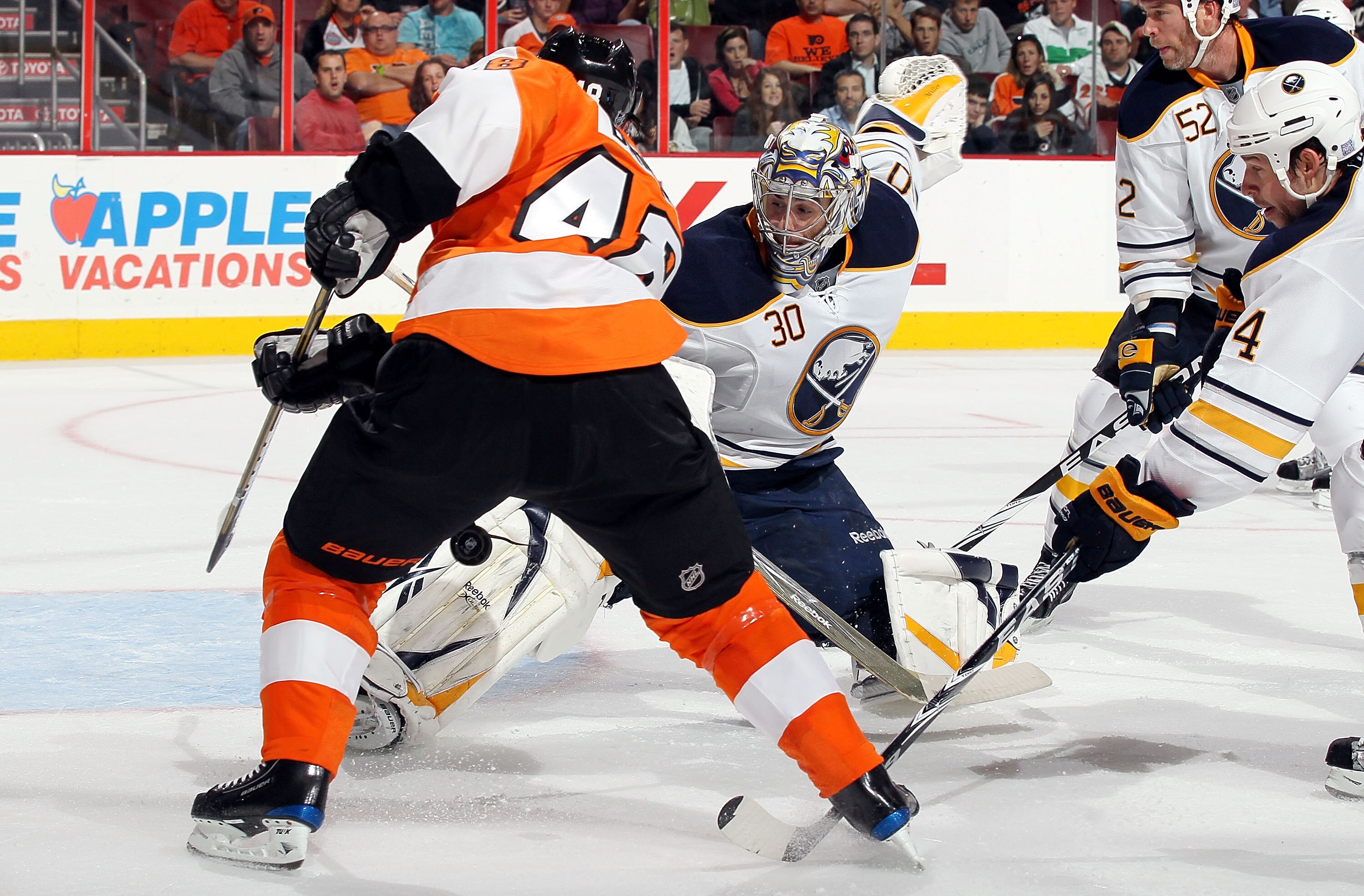 PHILADELPHIA - OCTOBER 26:  Ryan Miller #30 of the Buffalo Sabres makes a second period save against Daniel Briere #48 of the Philadelphia Flyers on October 26, 2010 at Wells Fargo Center in Philadelphia, Pennsylvania.  (Photo by Jim McIsaac/Getty Images)