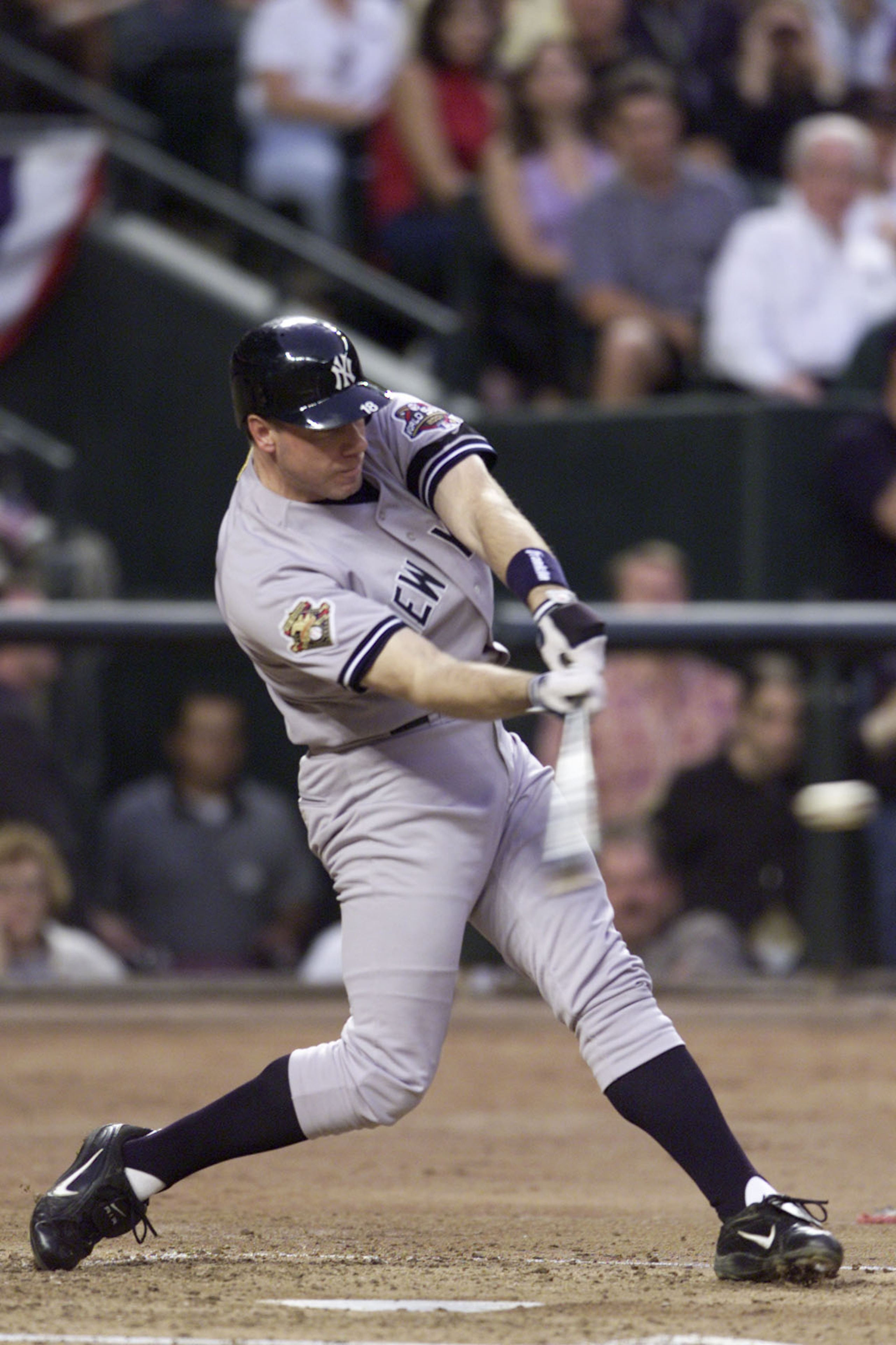 27 Oct 2001:  Scott Brosius of the New York Yankees in action at bat against the Arizona Diamondbacks during Game 1 of the of the Major League World Series at Bank One Ballpark in Phoenix, Arizona. The Diamondbacks defeated the Yankees 9-1. DIGITAL IMAGE.