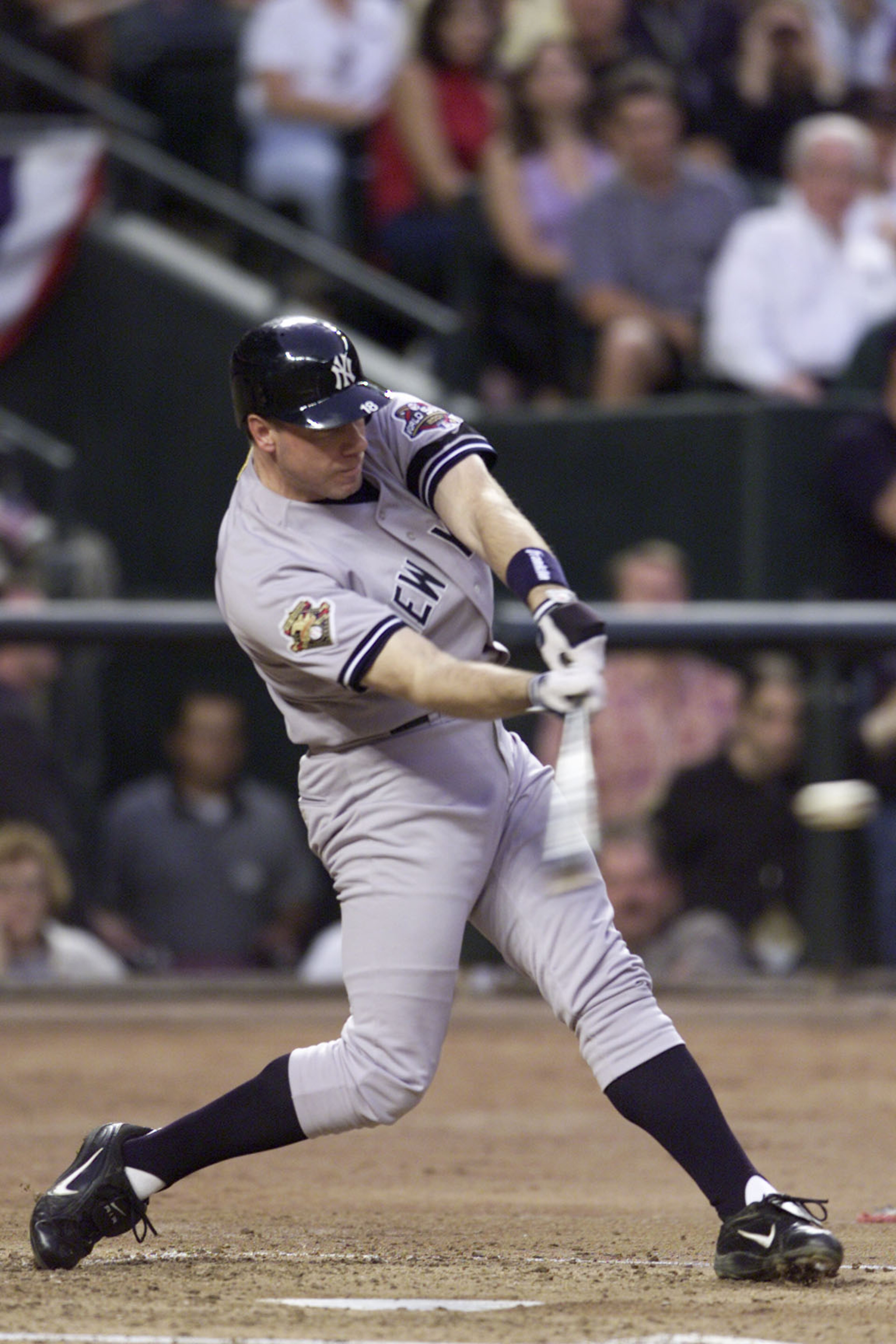 27 Oct 2001:  Scott Brosius of the New York Yankees in action at bat against the Arizona Diamondbacks during Game 1 of the of the Major League World Series at Bank One Ballpark in Phoenix, Arizona. The Diamondbacks defeated the Yankees 9-1. DIGITAL IMAGE.
