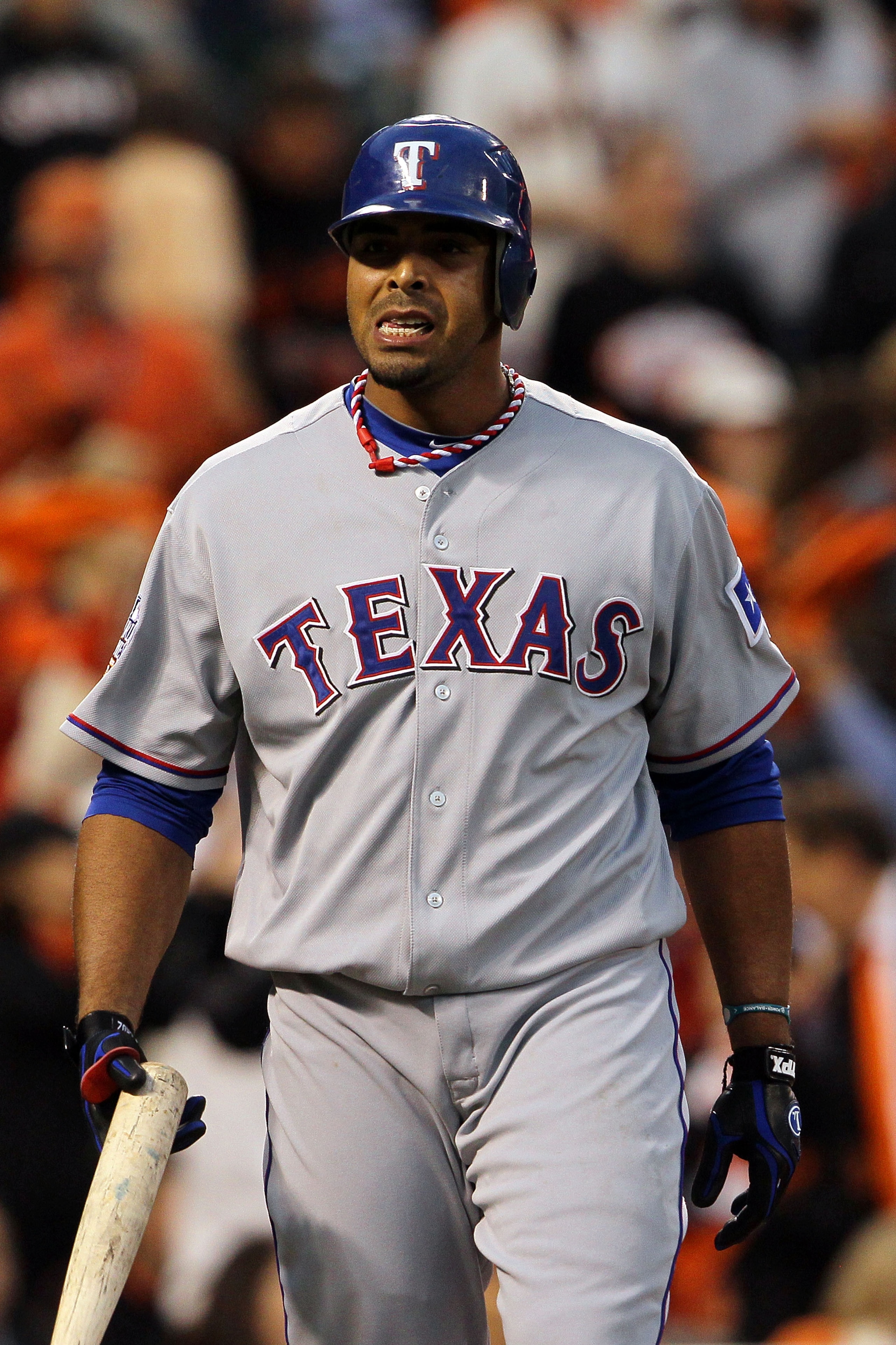 SAN FRANCISCO - OCTOBER 28:  Nelson Cruz #17 of the Texas Rangers reacts after striking out in the fourth inning against the San Francisco Giants in Game Two of the 2010 MLB World Series at AT&T Park on October 28, 2010 in San Francisco, California.  (Pho