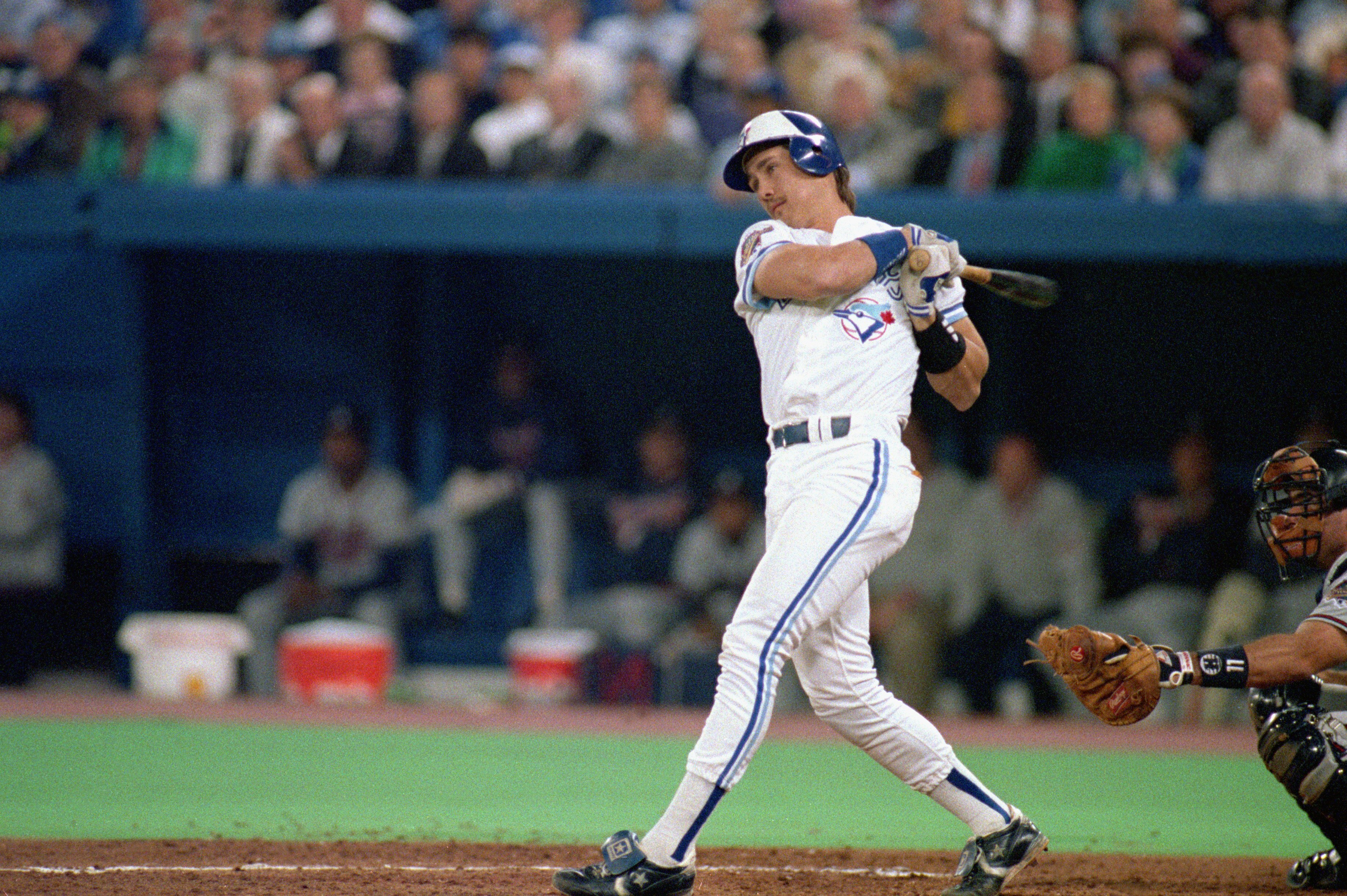 TORONTO - OCTOBER 22:  Pat Borders #10 hits an Atlanta Braves pitch during game 5 of the World Series at the SkyDome in Toronto, Ontario, Canada, on October 22, 1992.  The Braves on 7-2.  (Photo by Rick Stewart/Getty Images)