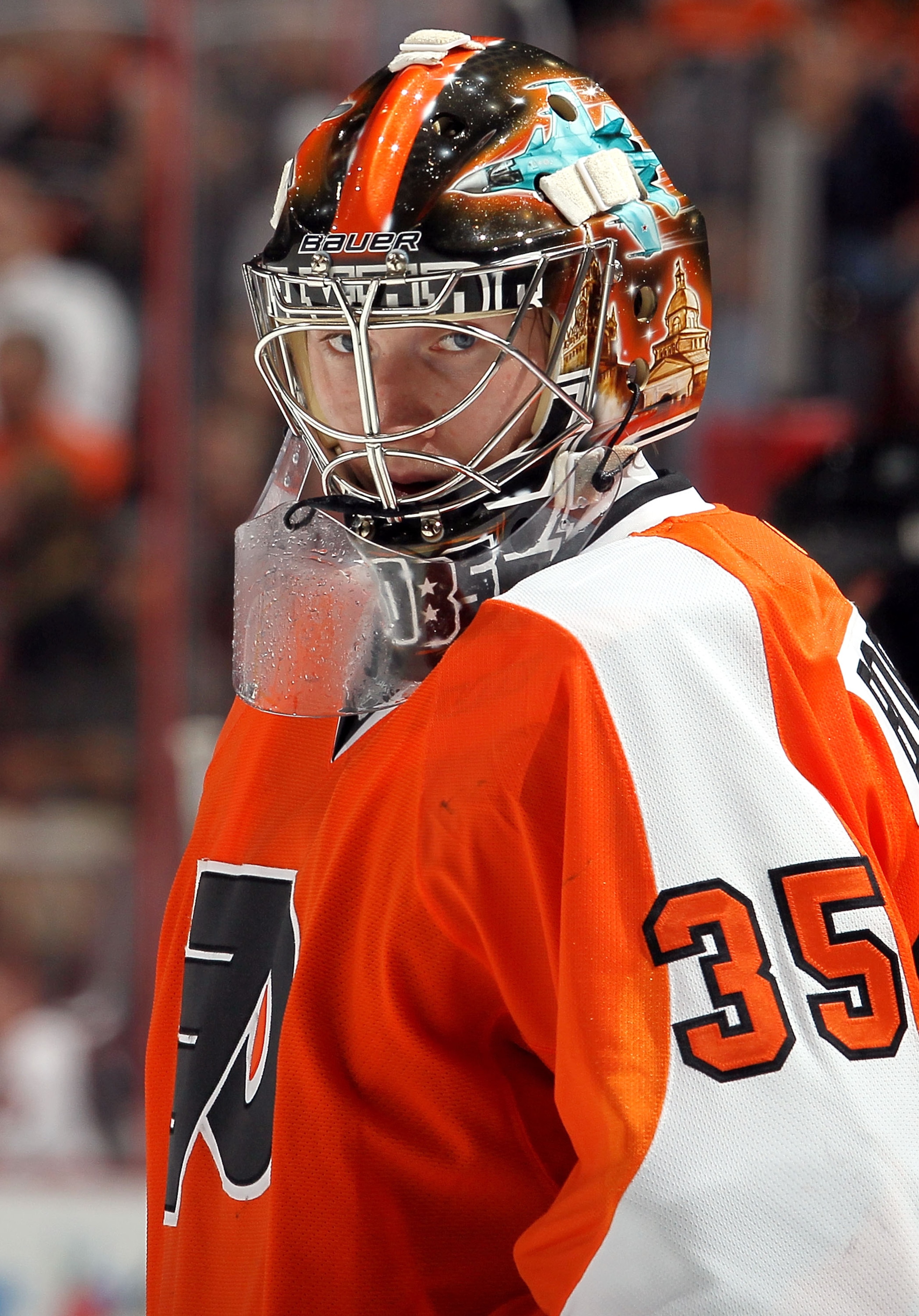 PHILADELPHIA - OCTOBER 26:  Sergei Bobrovsky #35 of the Philadelphia Flyers looks on against the Buffalo Sabres during the third period on October 26, 2010 at Wells Fargo Center in Philadelphia, Pennsylvania. The Flyers defeated the Sabres 6-3.  (Photo by