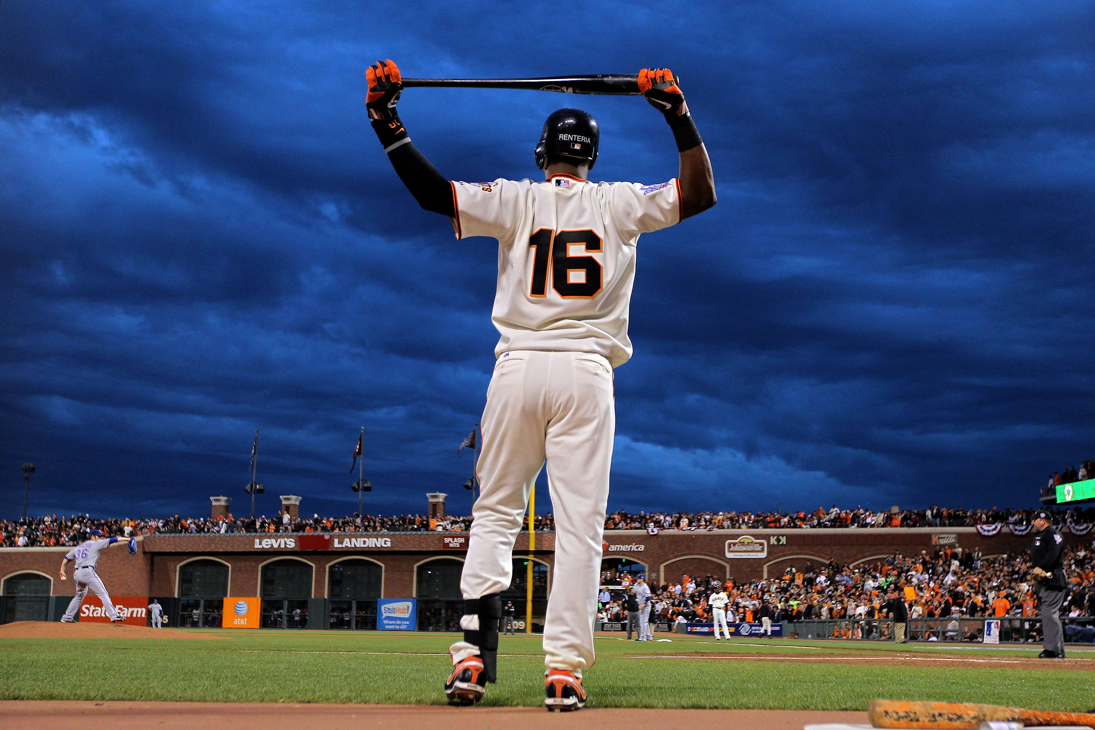 SAN FRANCISCO - OCTOBER 28:  Edgar Renteria #16 of the San Francisco Giants waits on deck in the fifth inning against the Texas Rangers in Game Two of the 2010 MLB World Series at AT&T Park on October 28, 2010 in San Francisco, California.  (Photo by Doug