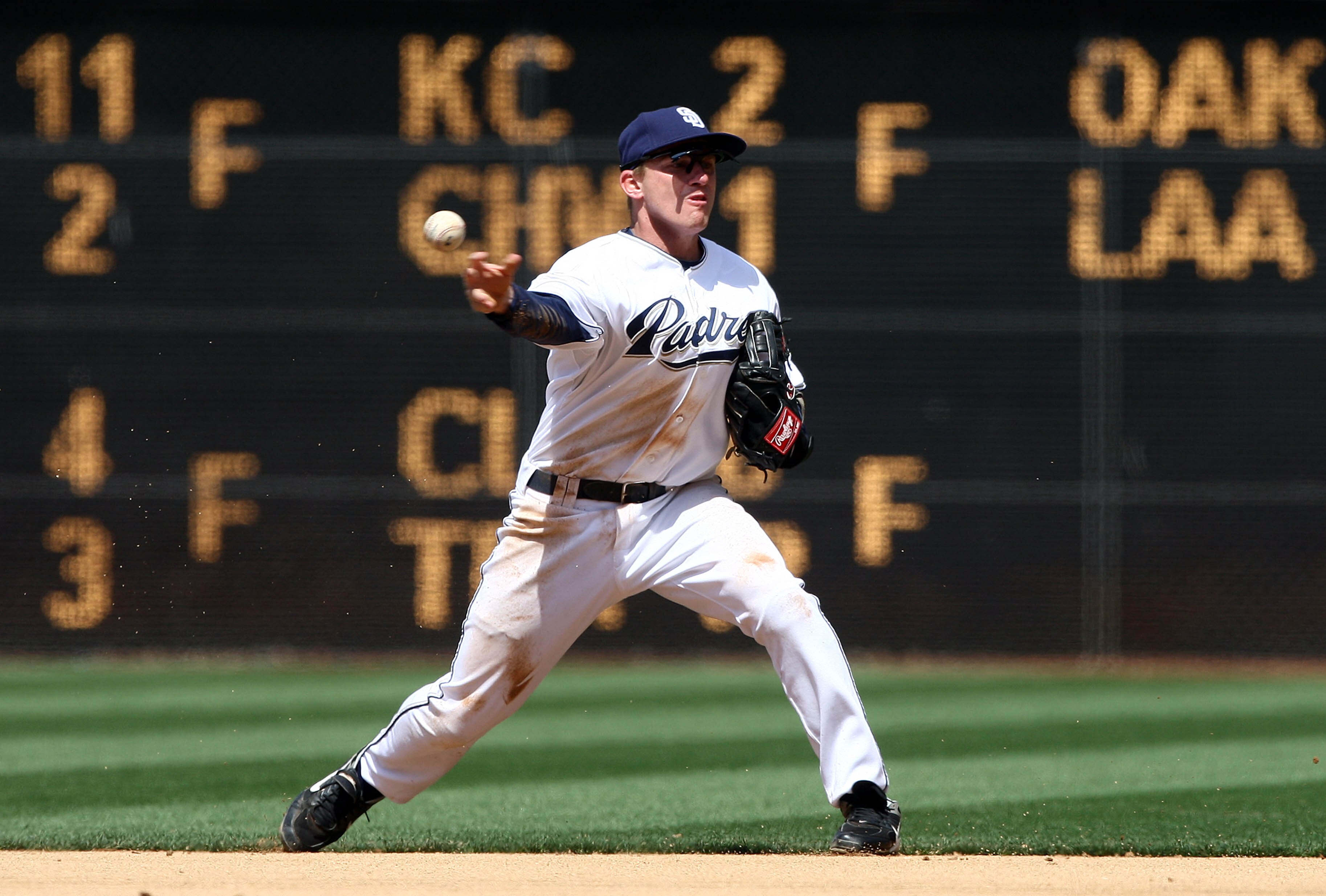 SAN DIEGO, CA- APRIL 9: Second baseman David Eckstein #3 of  the San Diego Padres makes a play against  the Los Angeles Dodgers during their MLB game on April 9, 2009 at Petco Park in San Diego, California. (Photo by Donald Miralle/Getty Images)