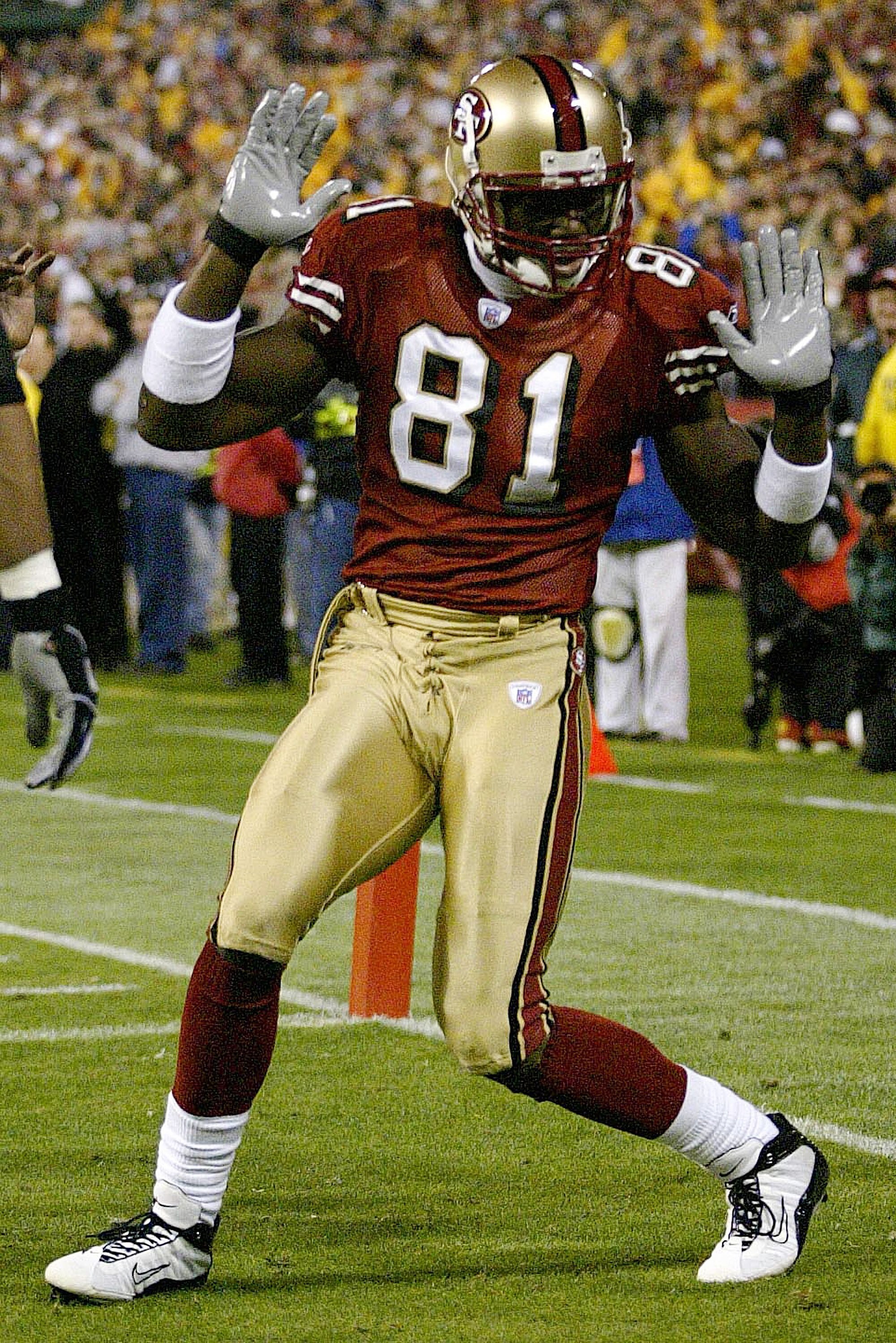 SAN FRANCISCO, CA- NOVEMBER 17:  Terrell Owens #81 of the 49ers celebrates his touchdown catch during the Pittsburgh Steelers and San Francisco 49ers game on November 17, 2003 at Candlestick Park in San Francisco, California.  (Photo by Jonathan Ferrey/Ge