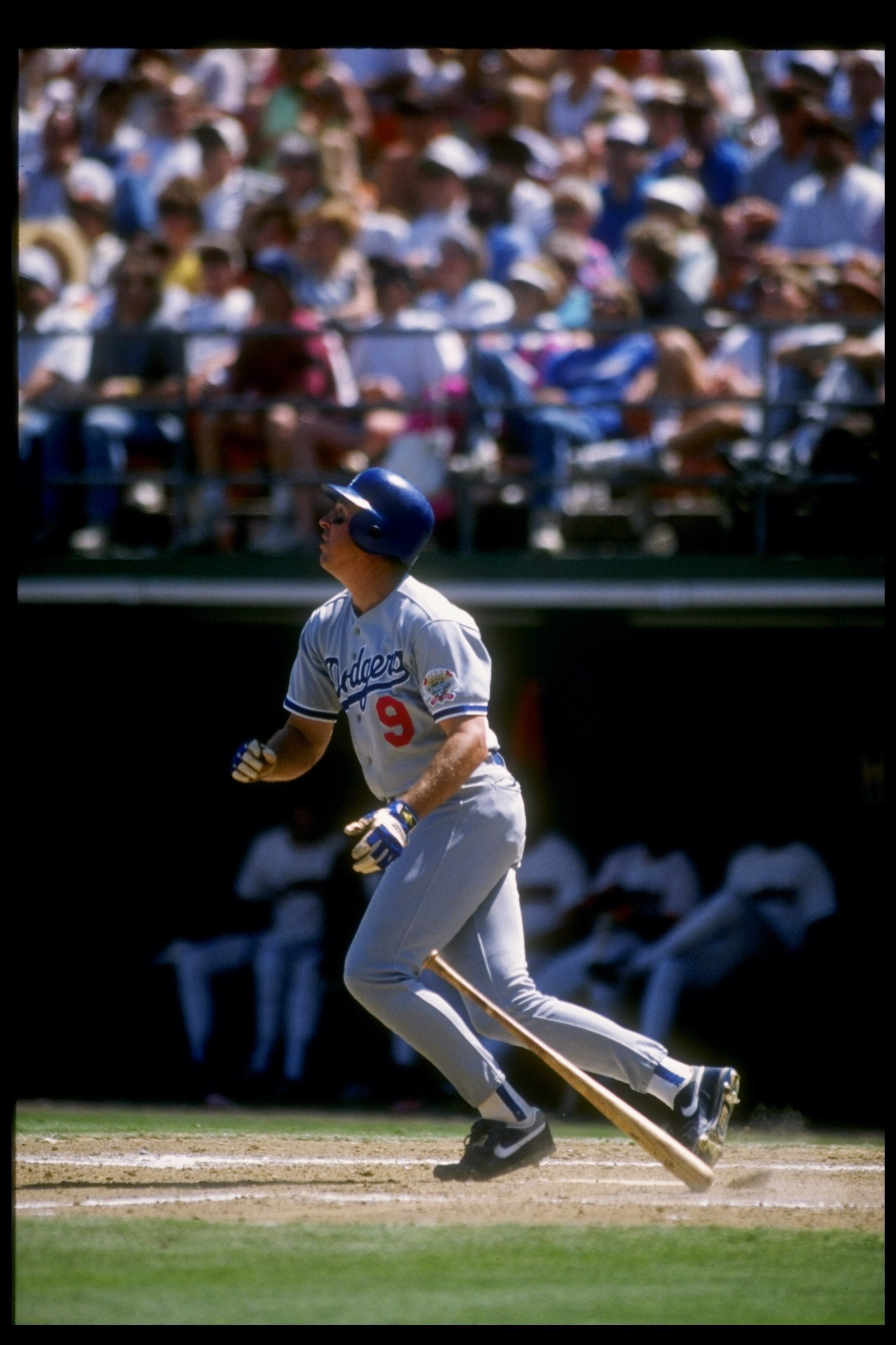 1990:  Infielder Mickey Hatcher of the Los Angeles Dodgers watches the ball during a game. Mandatory Credit: Stephen Dunn  /Allsport