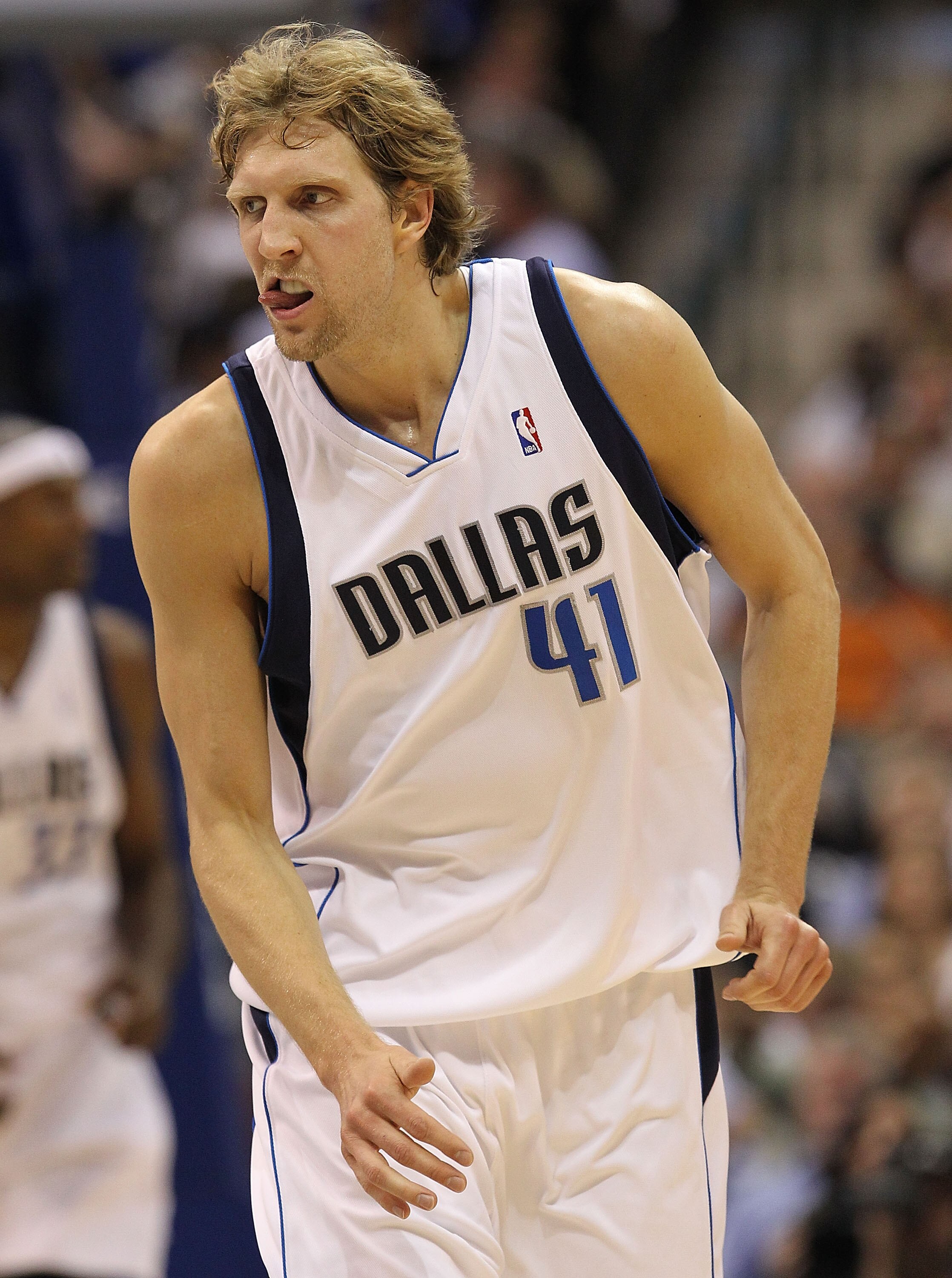 DALLAS - APRIL 27:  Forward Dirk Nowitzki #41 of the Dallas Mavericks reacts during play against the San Antonio Spurs in Game Five of the Western Conference Quarterfinals during the 2010 NBA Playoffs at American Airlines Center on April 27, 2010 in Dalla