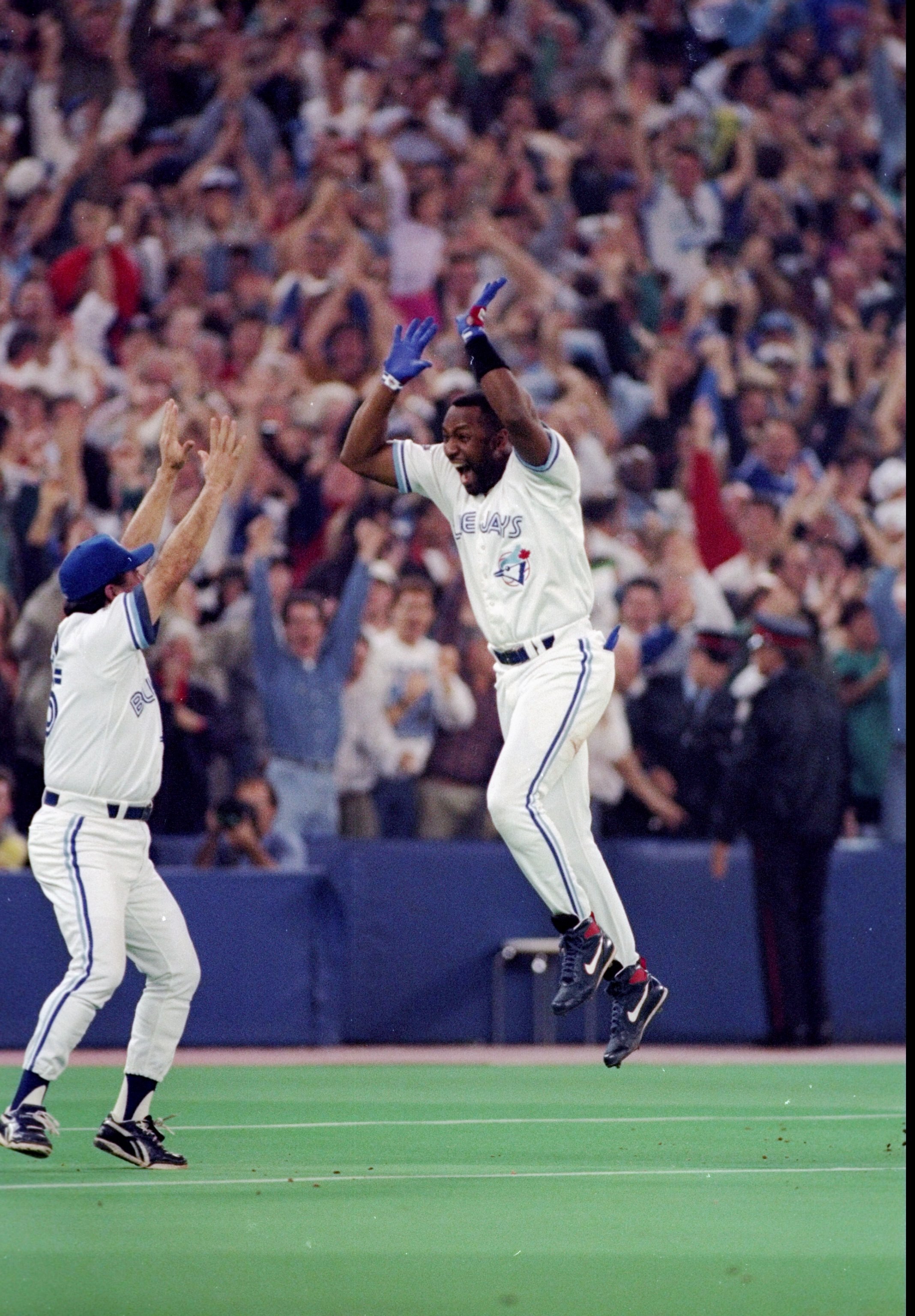 23 Oct 1993:  Firrst baseman Joe Carter of the Toronto Blue Jays celebrates after a home run in the ninth inning during the World Series against the Philadelphia Phillies at the Toronto Sky Dome in Toronto, Canada. Mandatory Credit: Rick Stewart  /Allspor