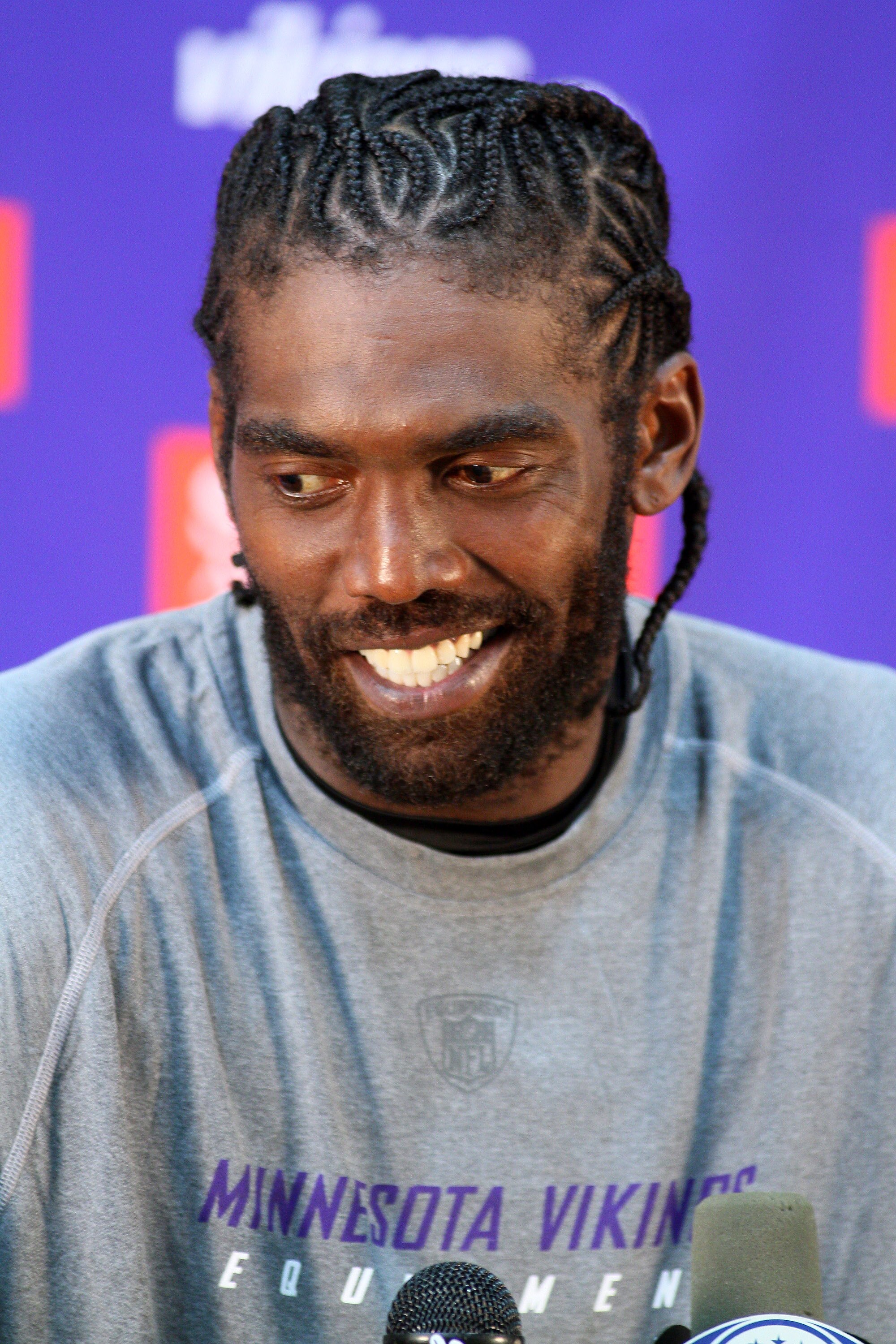 EDEN PRAIRIE, MN - OCTOBER 7:  Minnesota Vikings wide receiver Randy Moss answers questions from the media during a press conference at Winter Park on October 7, 2010 in Eden Prairie, Minnesota.  (Photo by Adam Bettcher/Getty Images)