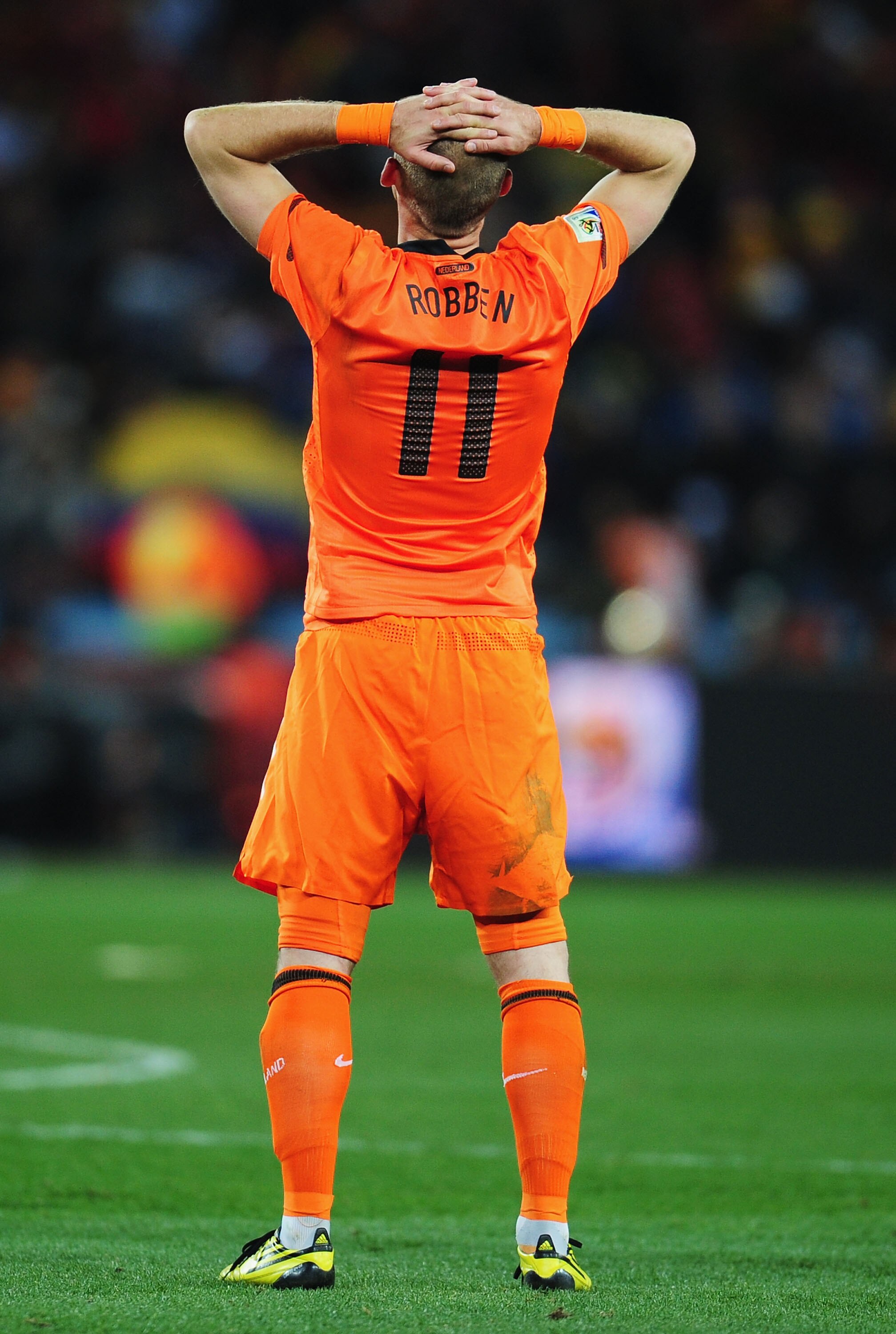 JOHANNESBURG, SOUTH AFRICA - JULY 11:  Arjen Robben of the Netherlands shows his dejection at the final whistle after losing the 2010 FIFA World Cup South Africa Final match between Netherlands and Spain at Soccer City Stadium on July 11, 2010 in Johannes