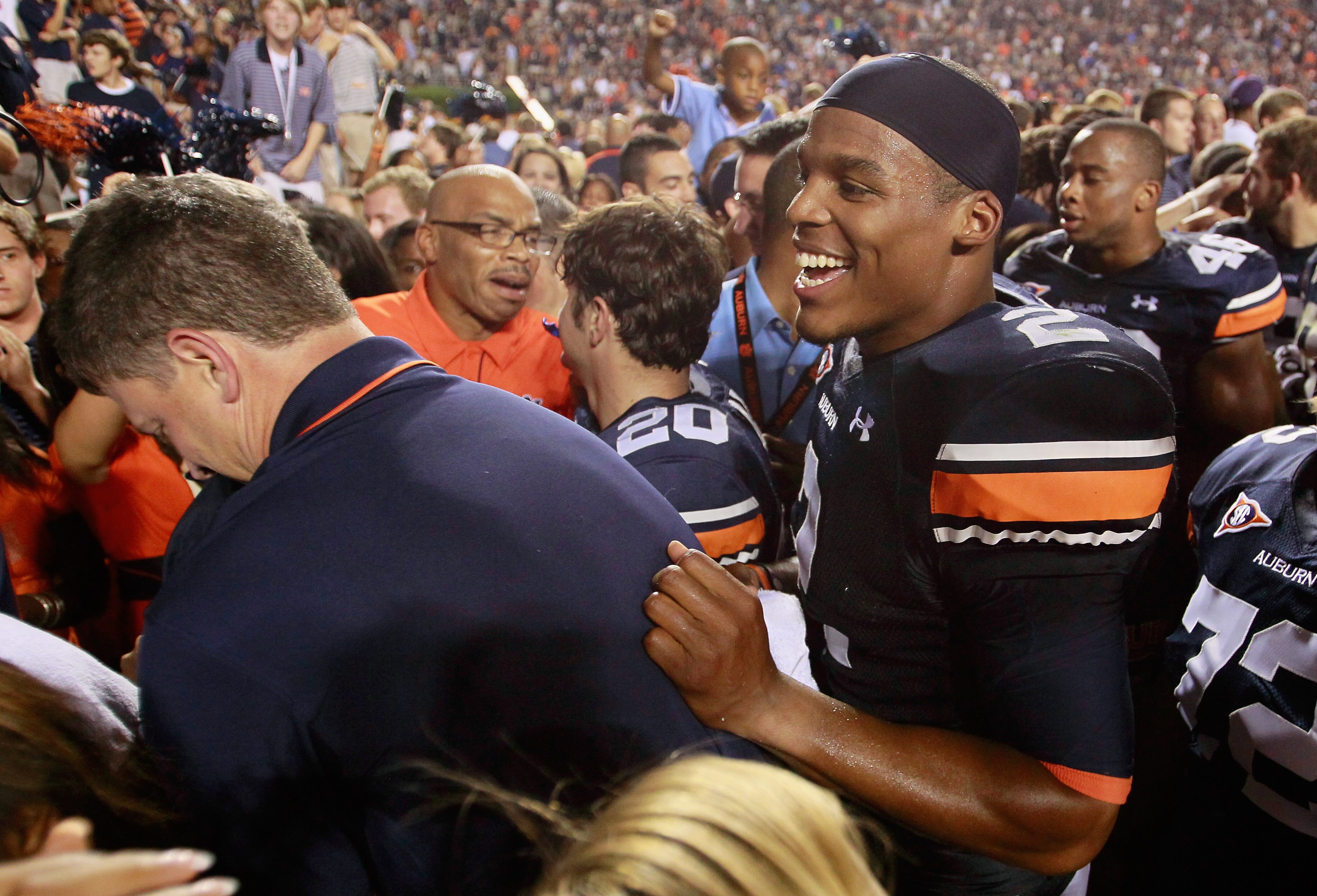 AUBURN, AL - SEPTEMBER 18:  Quarterback Cameron Newton #2 of the Auburn Tigers celebrates after their 27-24 overtime win over the Clemson Tigers at Jordan-Hare Stadium on September 18, 2010 in Auburn, Alabama.  (Photo by Kevin C. Cox/Getty Images)