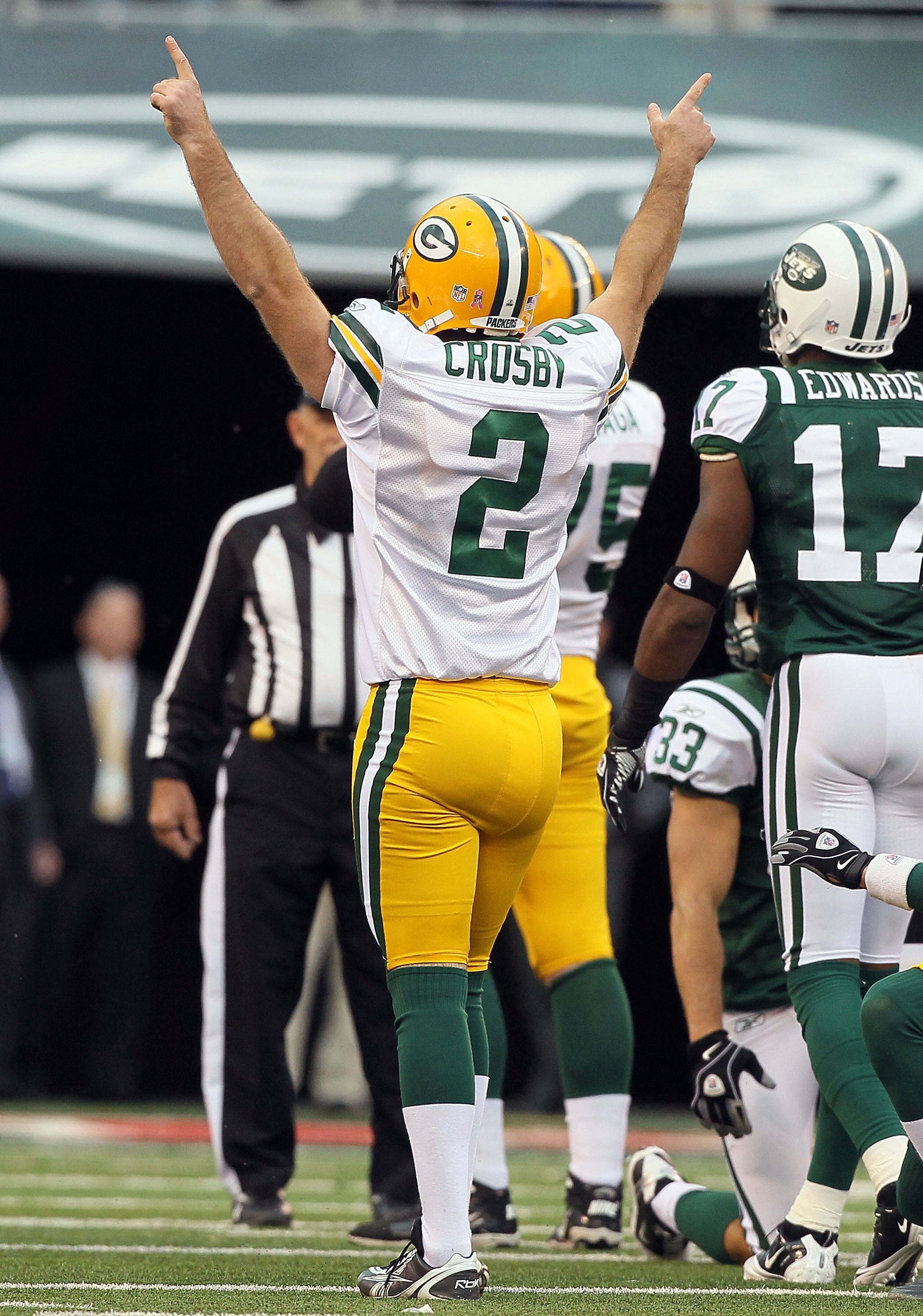 EAST RUTHERFORD, NJ - OCTOBER 31:  Mason Crosby #2 of the Green Bay Packers celebrates his field goal late in the fourth quarter that gave his team a 9-0 lead against the New York Jets on October 31, 2010 at the New Meadowlands Stadium in East Rutherford,