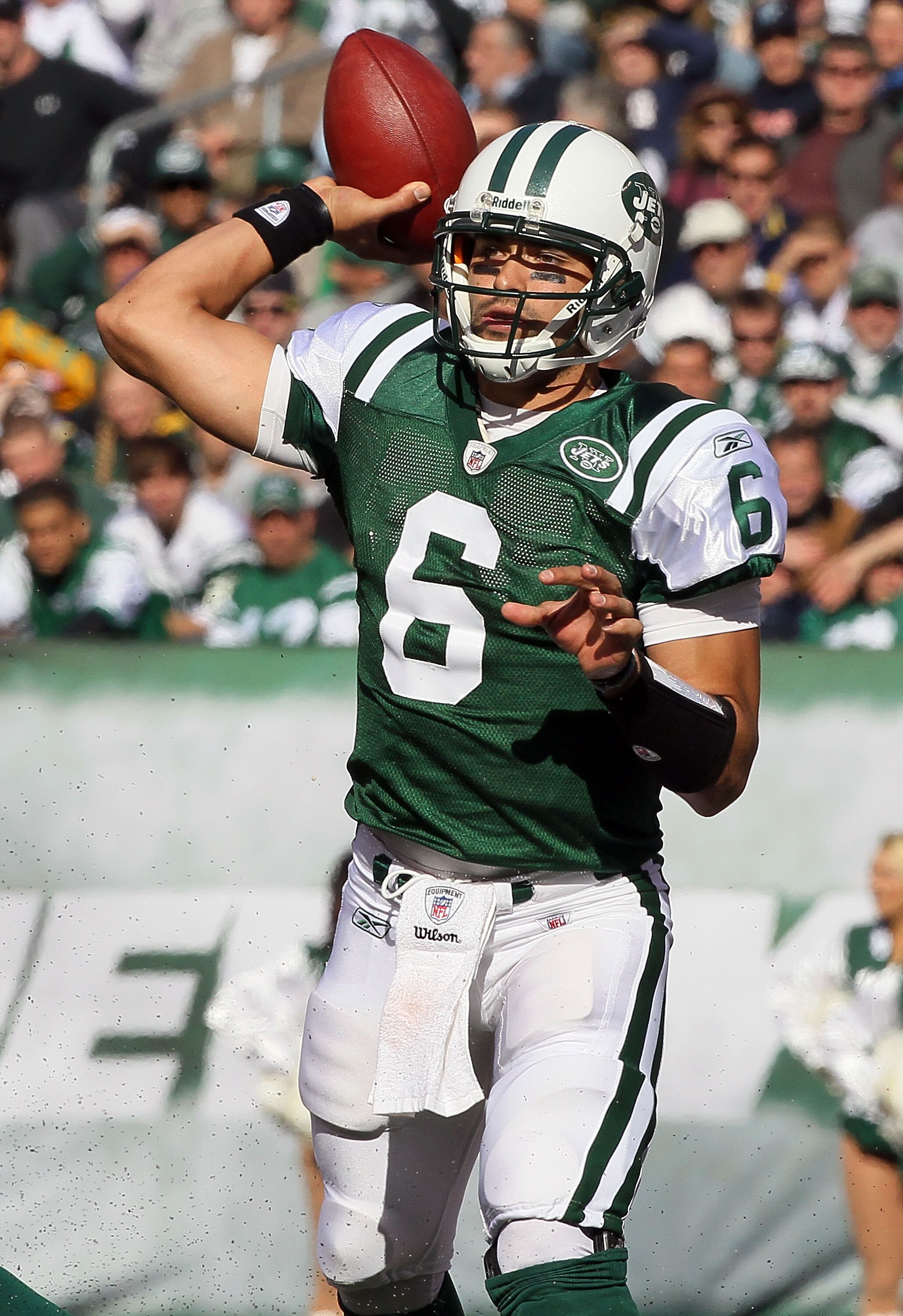 EAST RUTHERFORD, NJ - OCTOBER 31: Mark Sanchez #6 of the New York Jets throws a pass against the Green Bay Packers on October 31, 2010 at the New Meadowlands Stadium in East Rutherford, New Jersey. The Packers defeated the Jets 9-0. (Photo by Jim McIsaac/