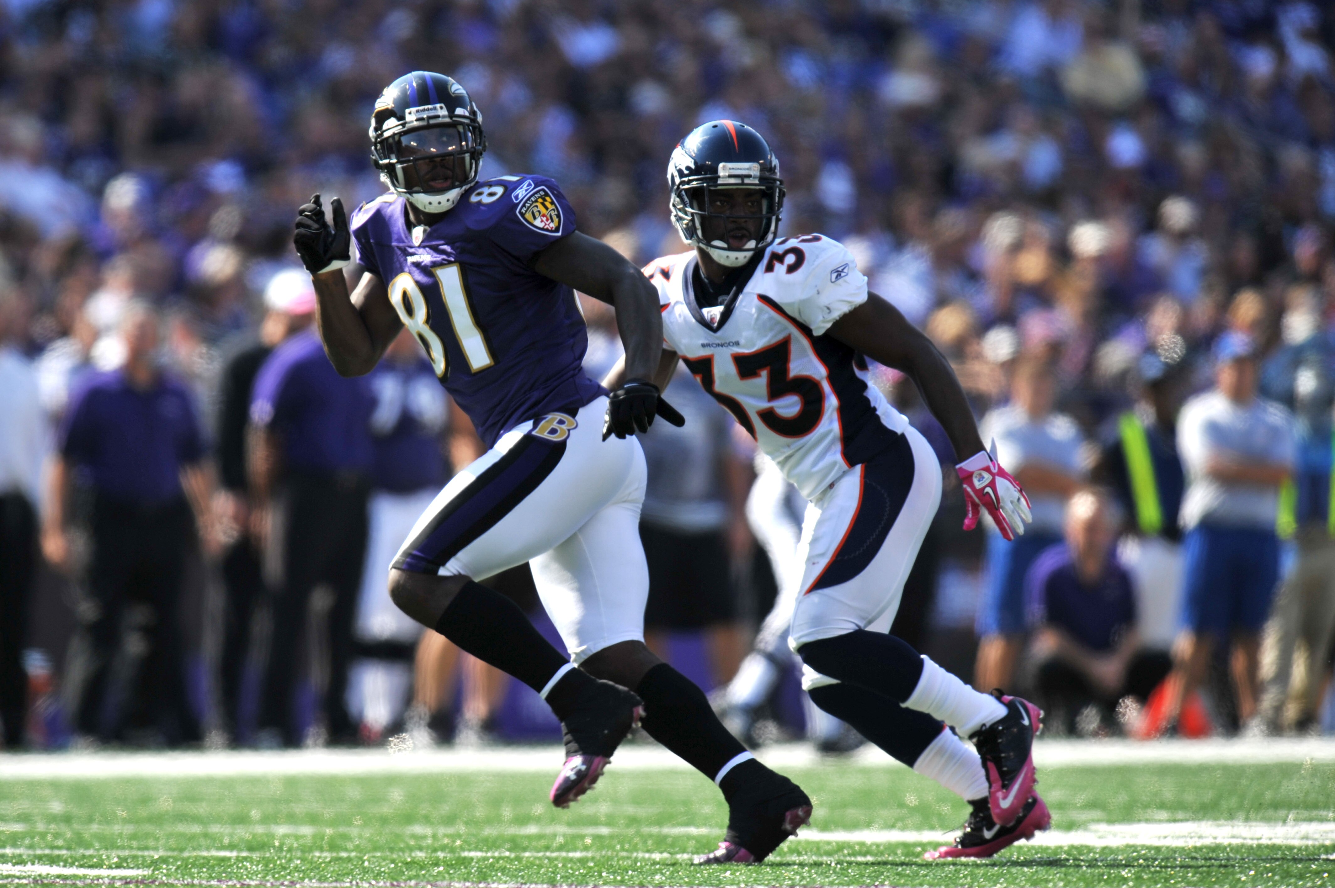 BALTIMORE, MD - OCTOBER 10: Anquan Boldin #81 of the Baltimore Ravens goes out for a pass against the Denver Broncos at M&T Bank Stadium on October 10, 2010 in Baltimore, Maryland. Players wore pink in recognition of Breast Cancer Awareness Month. The Rav