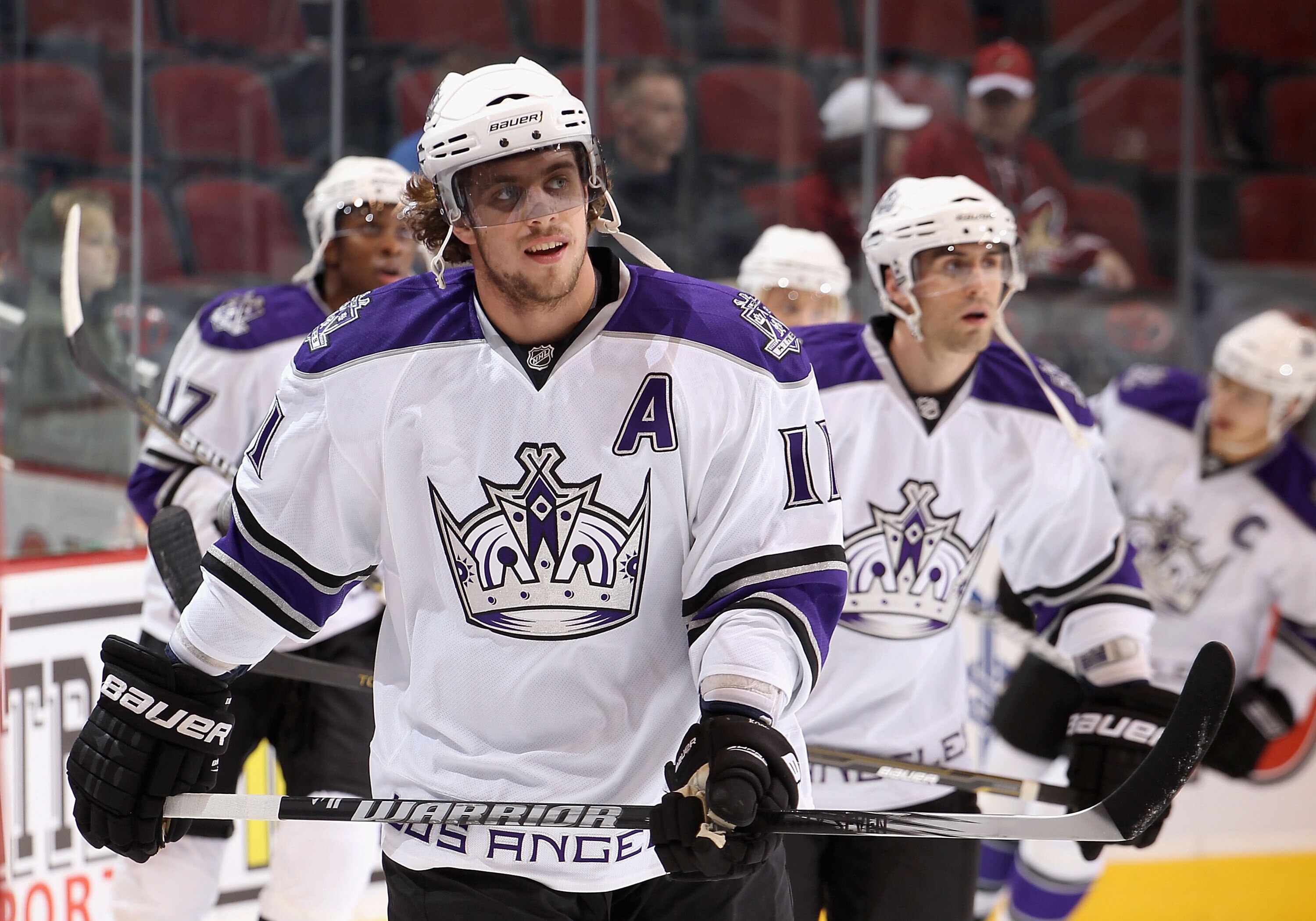 GLENDALE, AZ - OCTOBER 21:  Anze Kopitar #11 of the Los Angeles Kings warms up before the NHL game against the Phoenix Coyotes at Jobing.com Arena on October 21, 2010 in Glendale, Arizona. The Coyotes defeated the Kings 4-2.  (Photo by Christian Petersen/