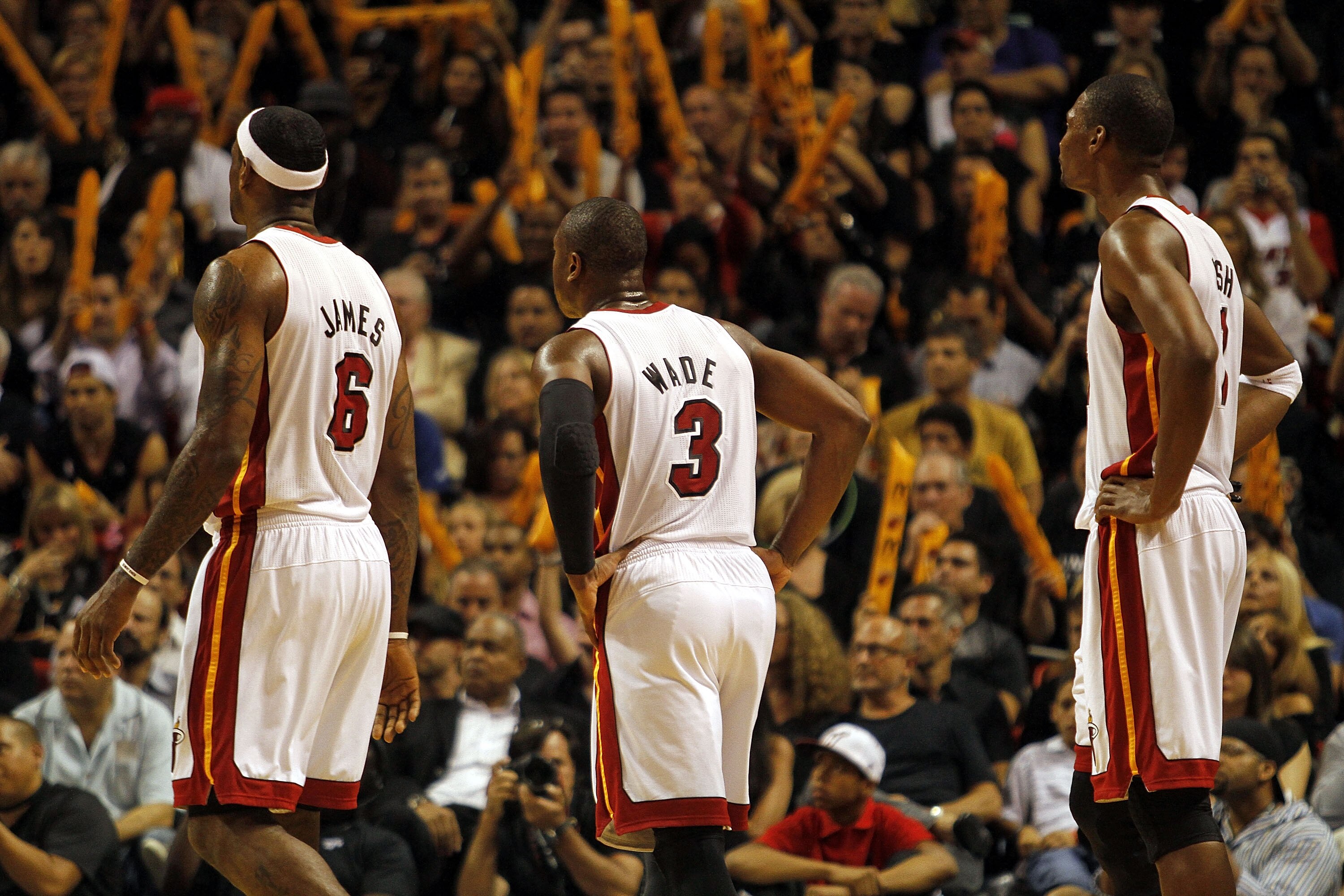 MIAMI - OCTOBER 29:  Guard Dwyane Wade #3, forward Chris Bosh #1 and forward LeBron James #6 of  the Miami Heat take on the Orlando Magic at American Airlines Arena on October 29, 2010 in Miami, Florida. NOTE TO USER: User expressly acknowledges and agree