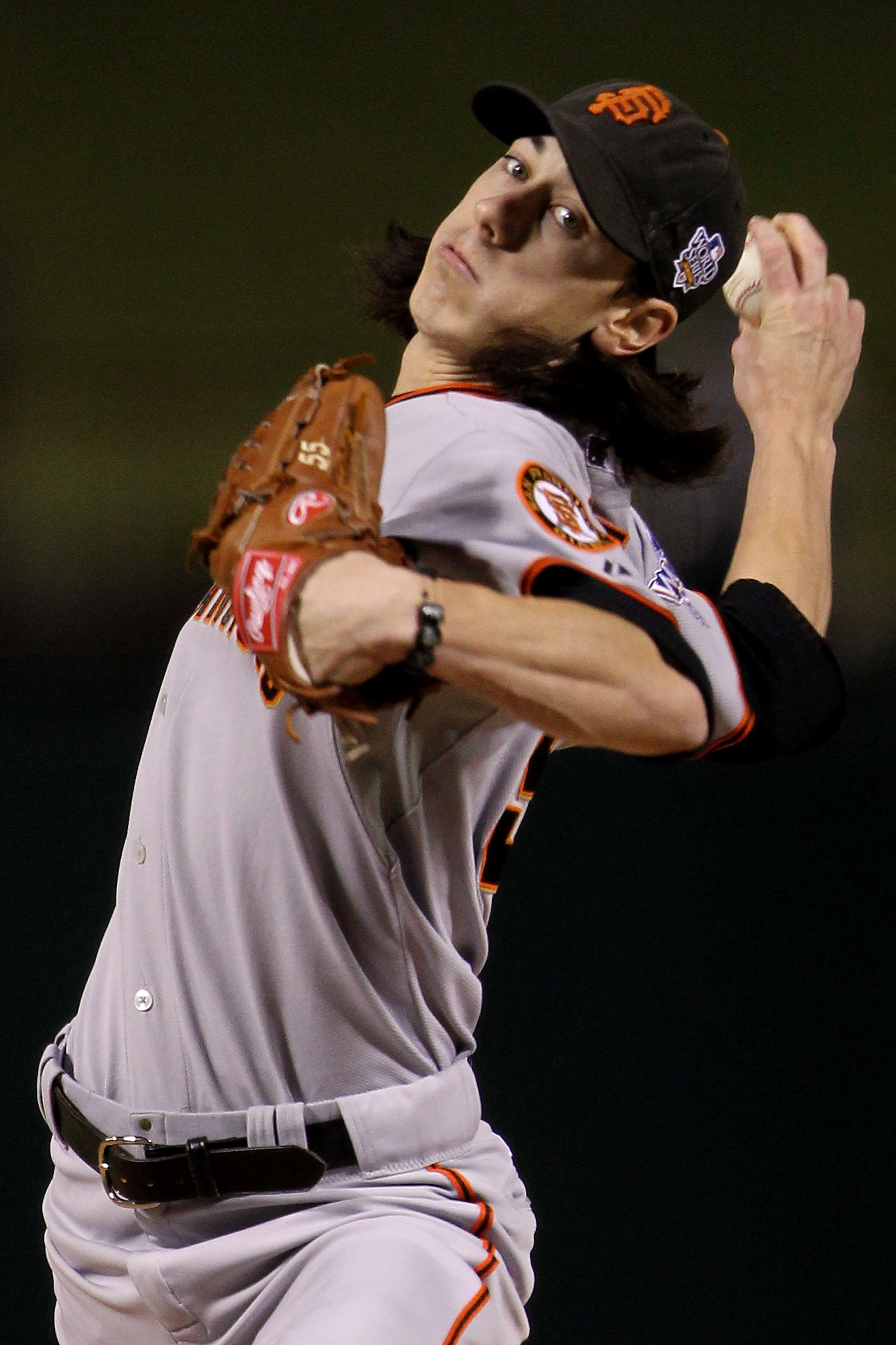 ARLINGTON, TX - NOVEMBER 01:  Starting pitcher Tim Lincecum #55 of the San Francisco Giants pitches against the Texas Rangers in Game Five of the 2010 MLB World Series at Rangers Ballpark in Arlington on November 1, 2010 in Arlington, Texas.  (Photo by Do