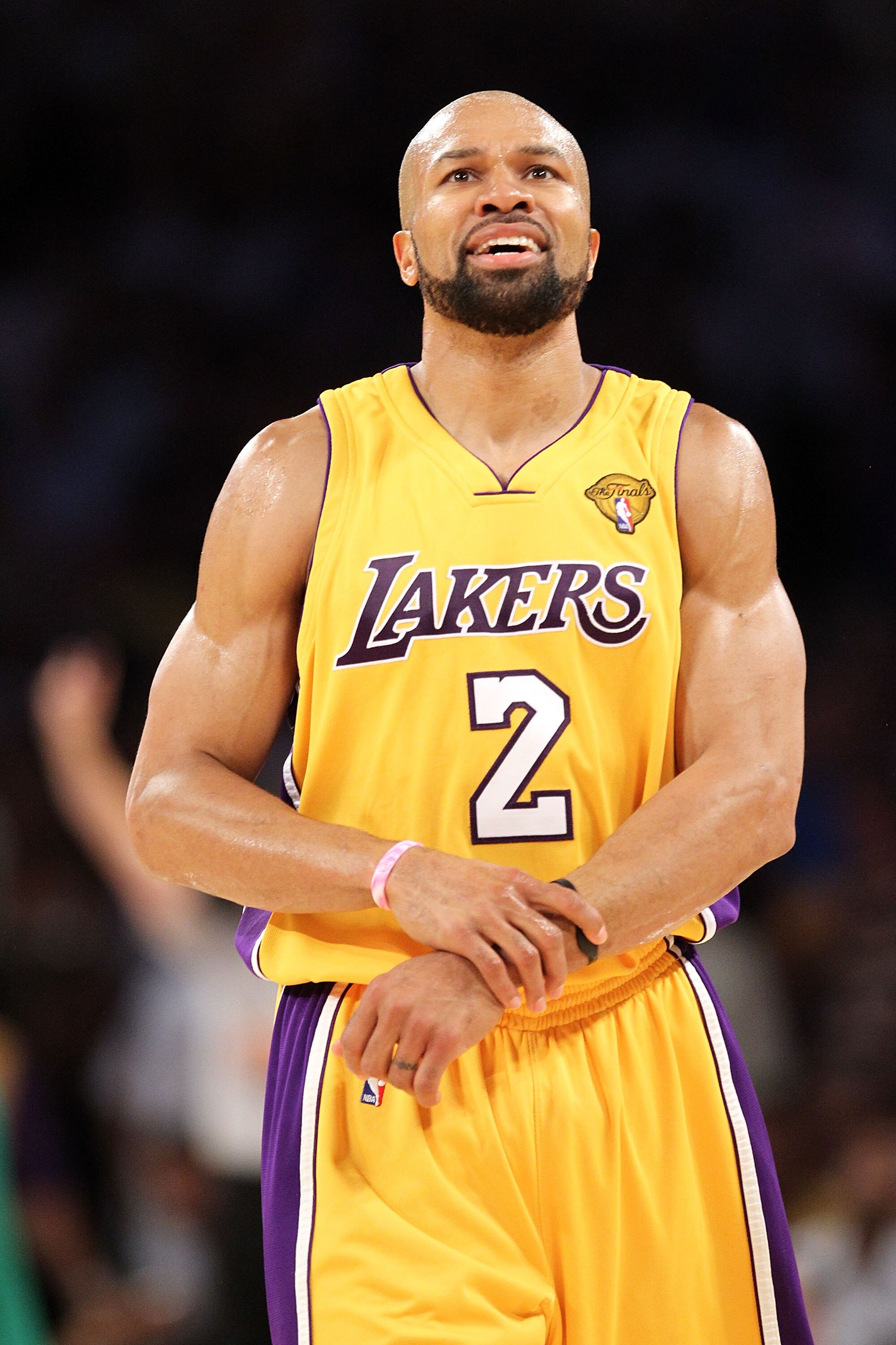 LOS ANGELES, CA - JUNE 17:  Derek Fisher #2 of the Los Angeles Lakers reacts in Game Seven of the 2010 NBA Finals against the Boston Celtics at Staples Center on June 17, 2010 in Los Angeles, California.  NOTE TO USER: User expressly acknowledges and agre